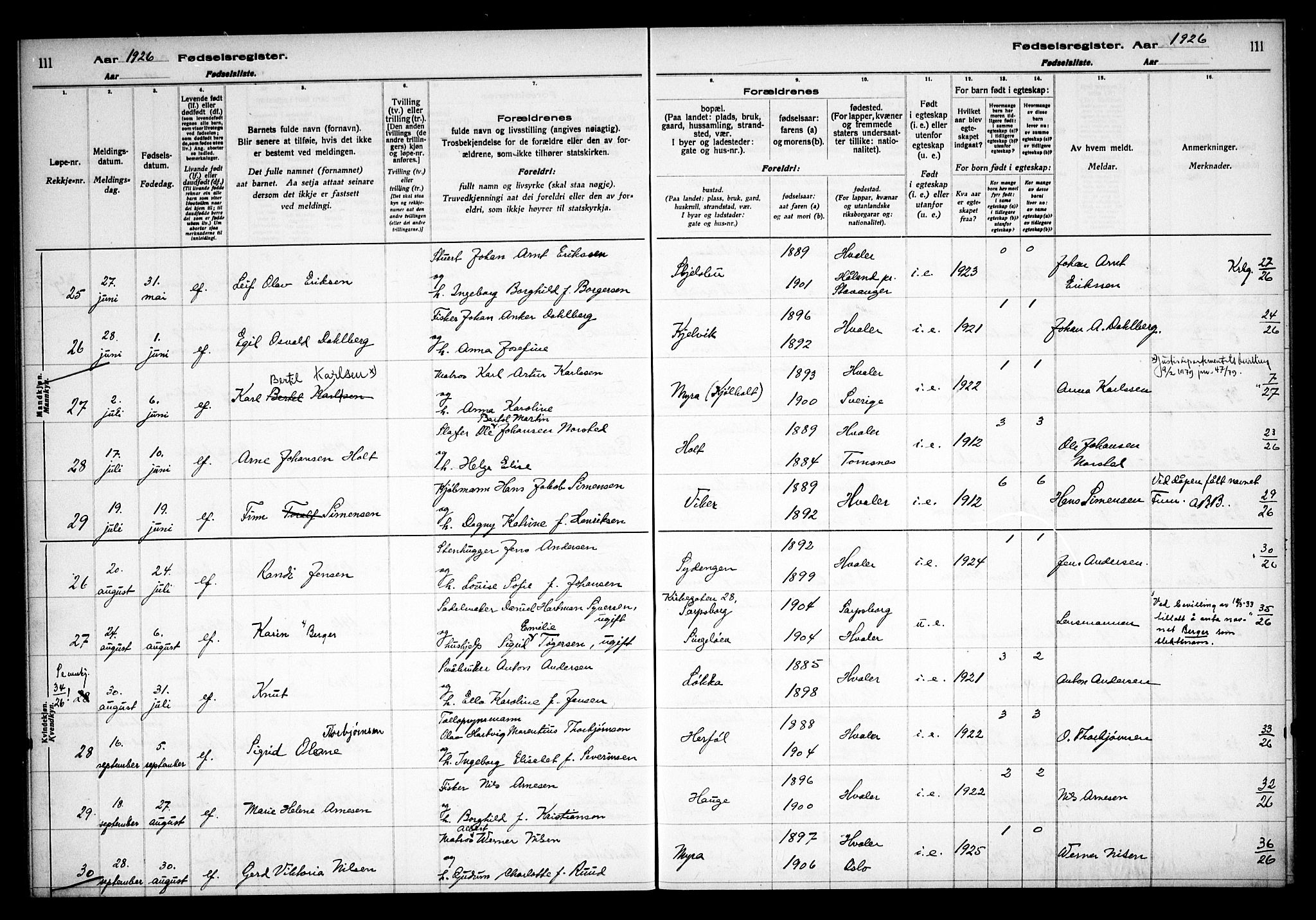 Hvaler prestekontor Kirkebøker, AV/SAO-A-2001/J/Ja/L0001: Fødselsregister nr. I 1, 1916-1938, s. 111