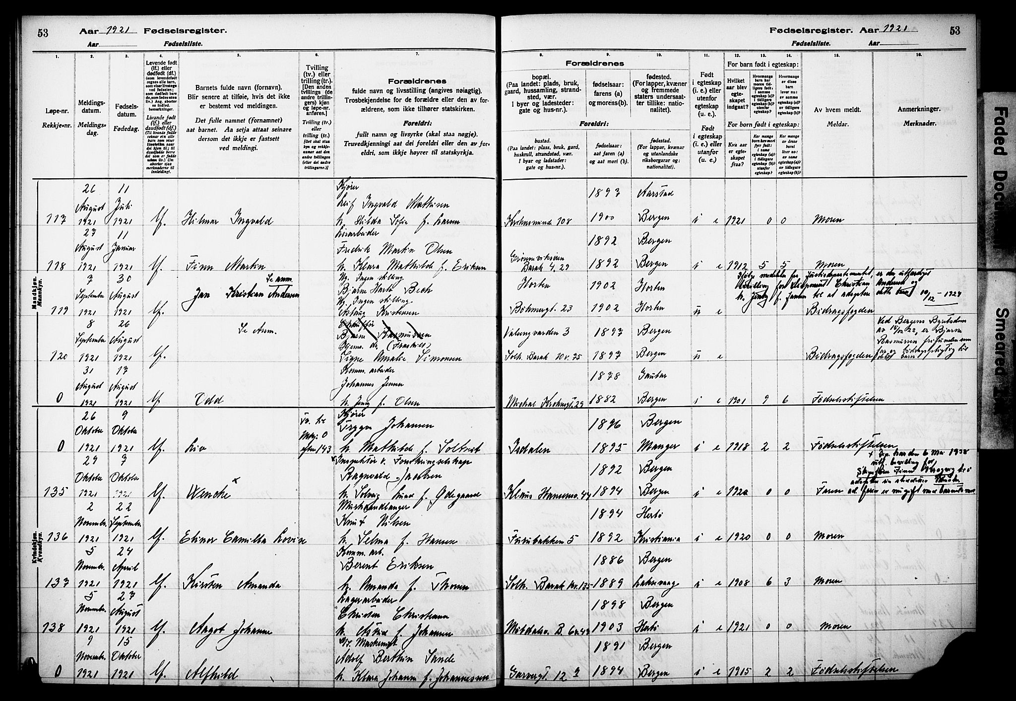 Årstad Sokneprestembete, AV/SAB-A-79301/I/Id/L0A02: Fødselsregister nr. A 2, 1920-1924, s. 53