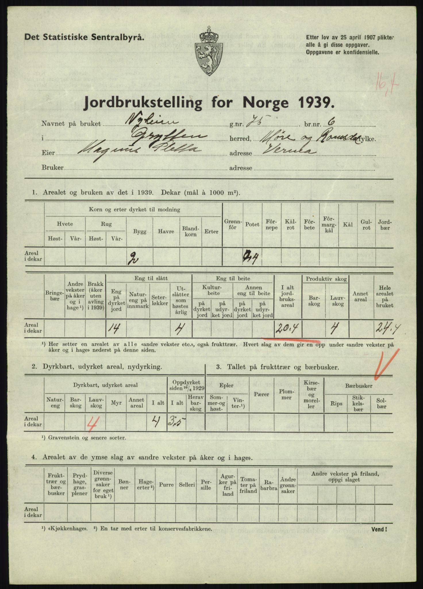 Statistisk sentralbyrå, Næringsøkonomiske emner, Jordbruk, skogbruk, jakt, fiske og fangst, AV/RA-S-2234/G/Gb/L0251: Møre og Romsdal: Voll, Eid, Grytten og Hen, 1939, s. 705