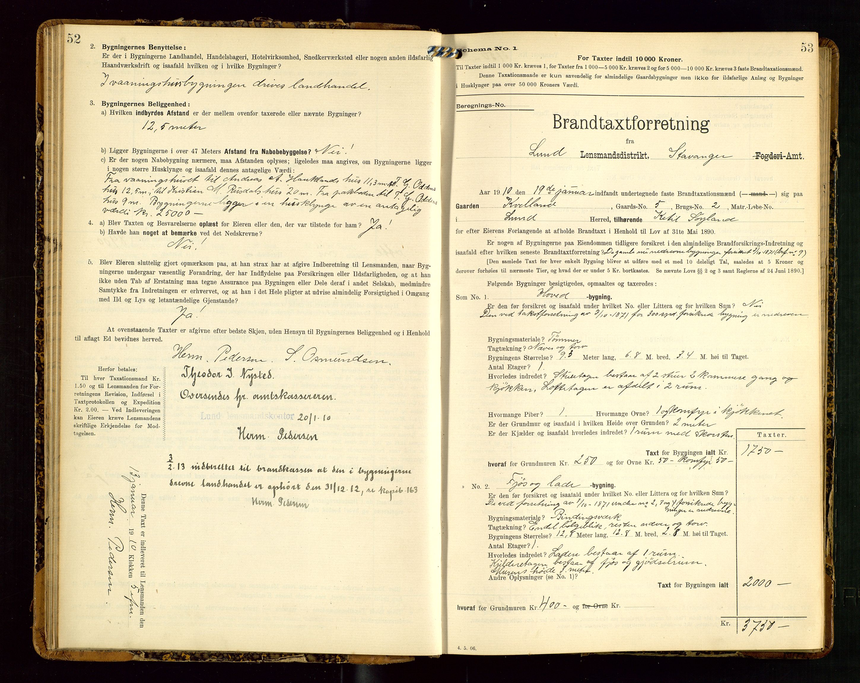 Lund lensmannskontor, SAST/A-100303/Gob/L0002: "Brandtakstprotokol", 1908-1918, s. 52-53