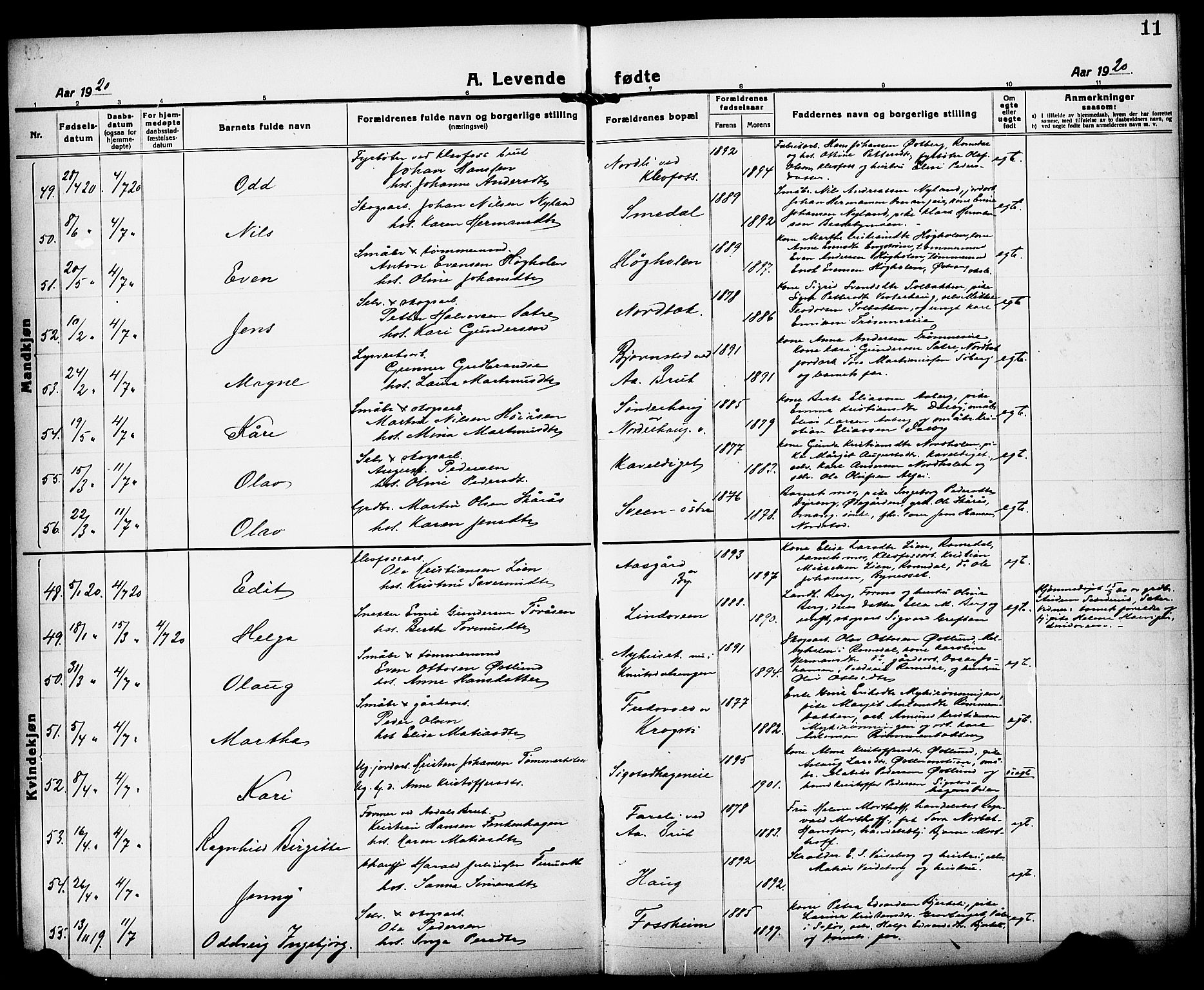 Løten prestekontor, AV/SAH-PREST-022/L/La/L0008: Klokkerbok nr. 8, 1920-1929, s. 11