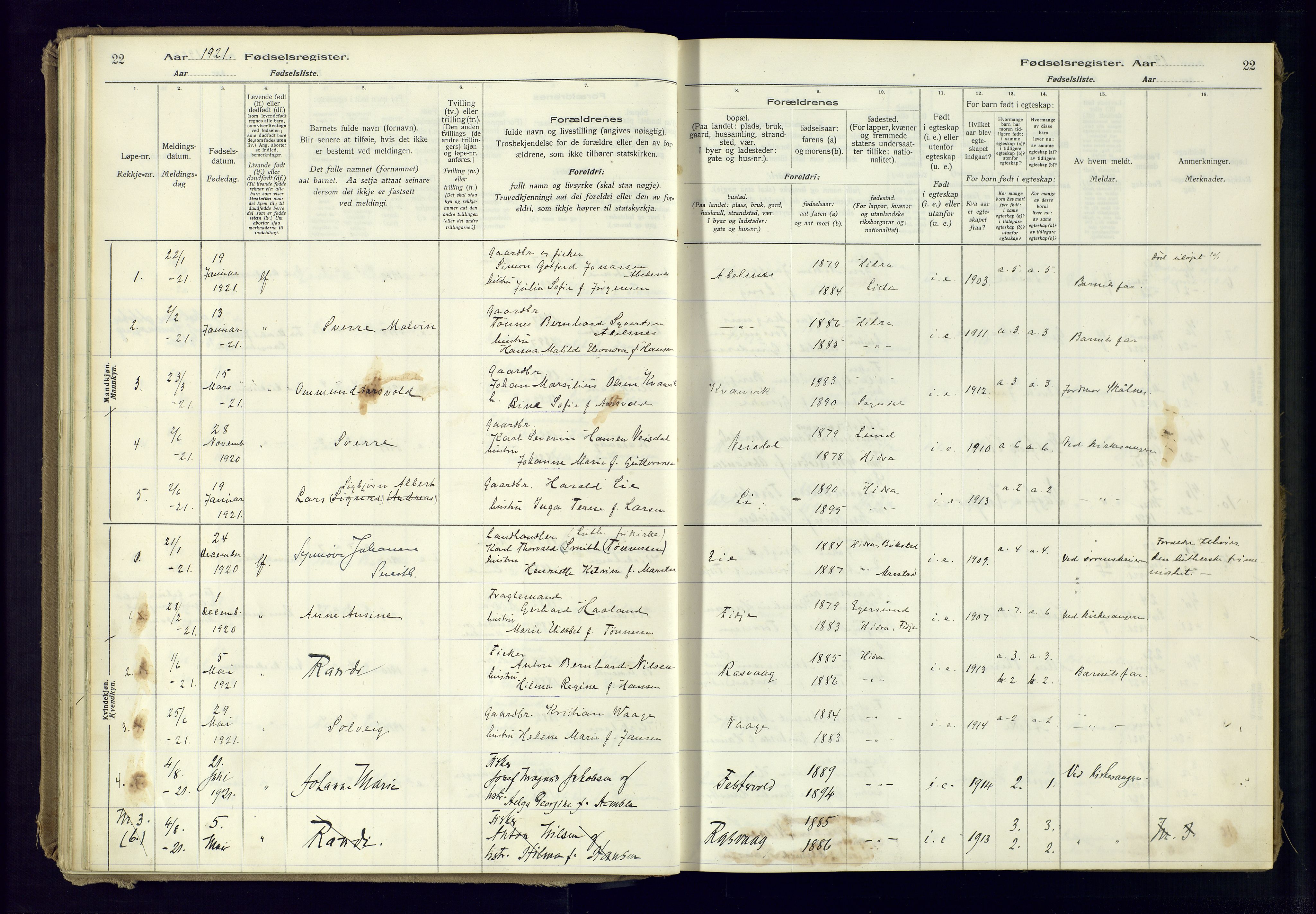 Flekkefjord sokneprestkontor, AV/SAK-1111-0012/J/Ja/L0007: Fødselsregister nr. 7, 1916-1982, s. 22