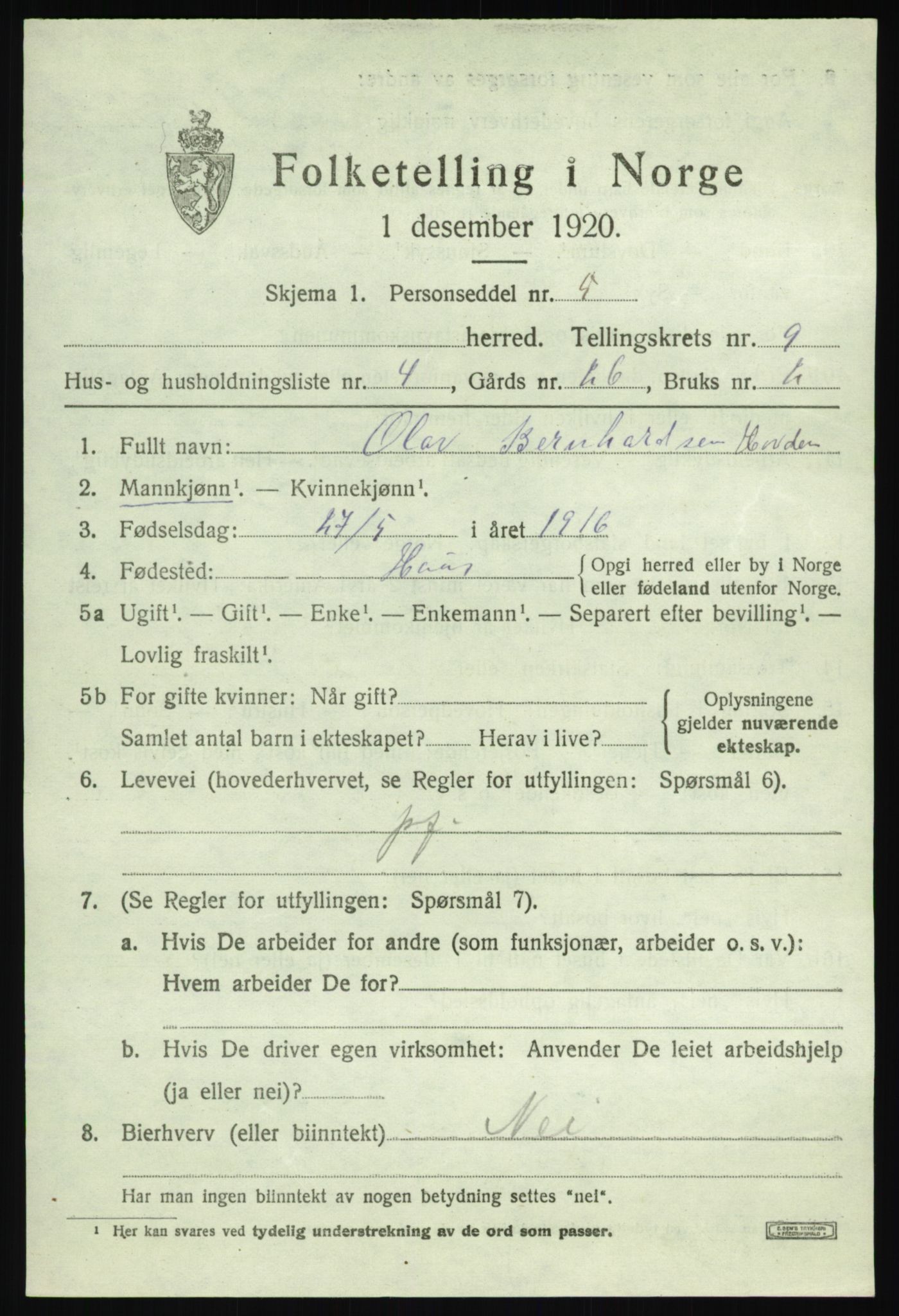 SAB, Folketelling 1920 for 1250 Haus herred, 1920, s. 5515