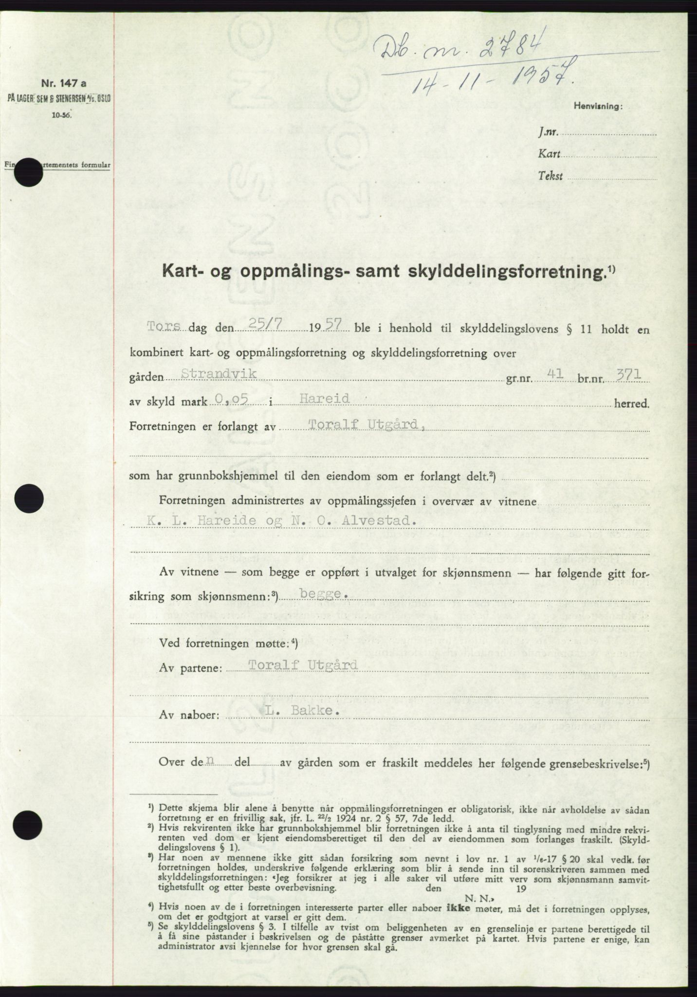 Søre Sunnmøre sorenskriveri, SAT/A-4122/1/2/2C/L0108: Pantebok nr. 34A, 1957-1958, Dagboknr: 2784/1957