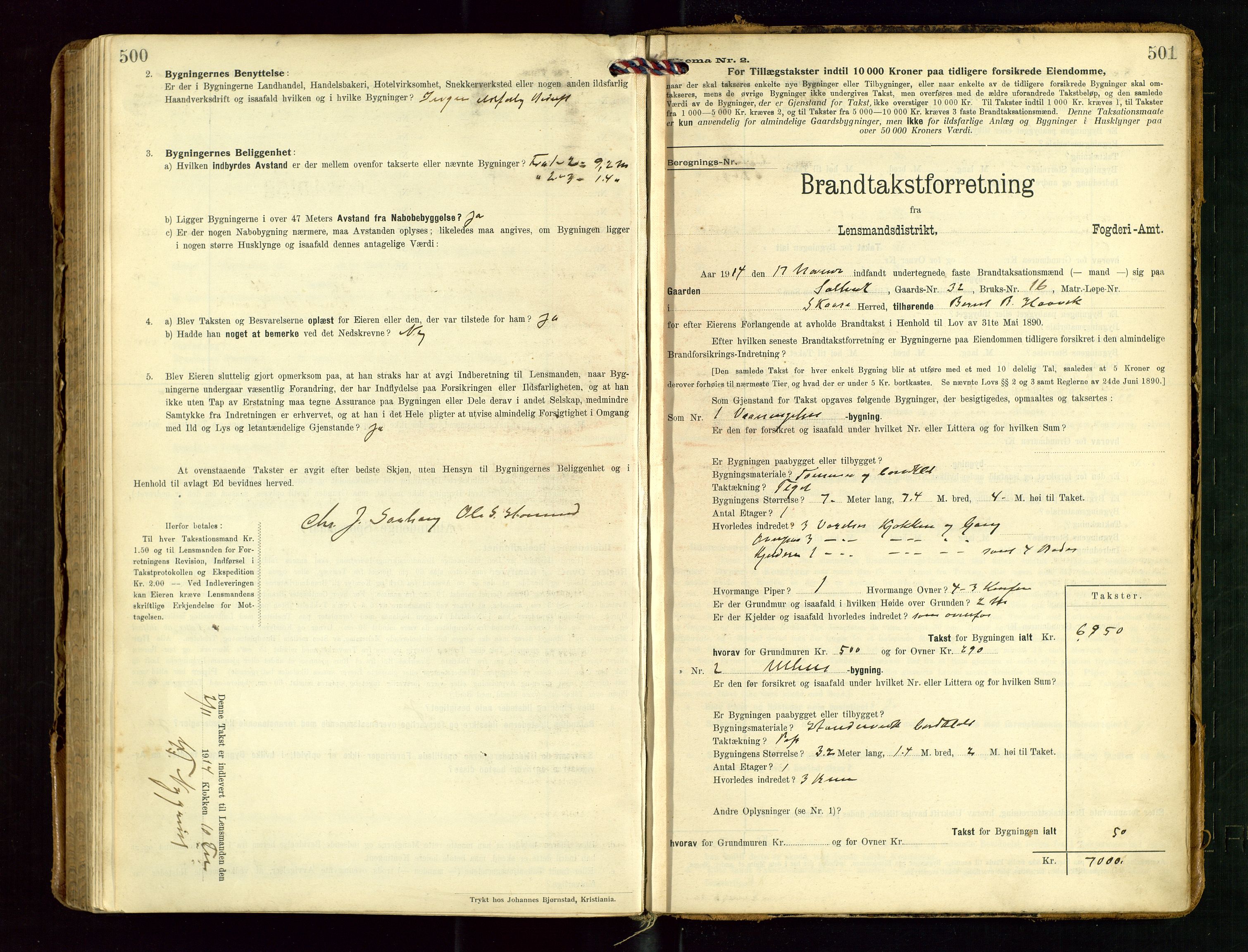 Torvestad lensmannskontor, SAST/A-100307/1/Gob/L0004: "Brandtaxationsprotokol for Torvestad Lensmannsdistrikt", 1909-1923, s. 500-501
