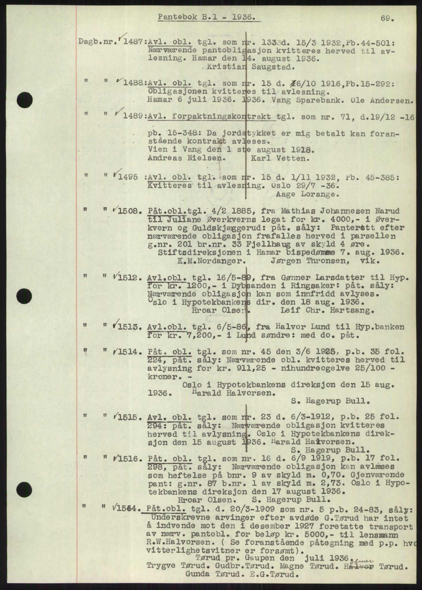 Nord-Hedmark sorenskriveri, SAH/TING-012/H/Hb/Hbf/L0001: Pantebok nr. B1, 1936-1936, Dagboknr: 1487/1936