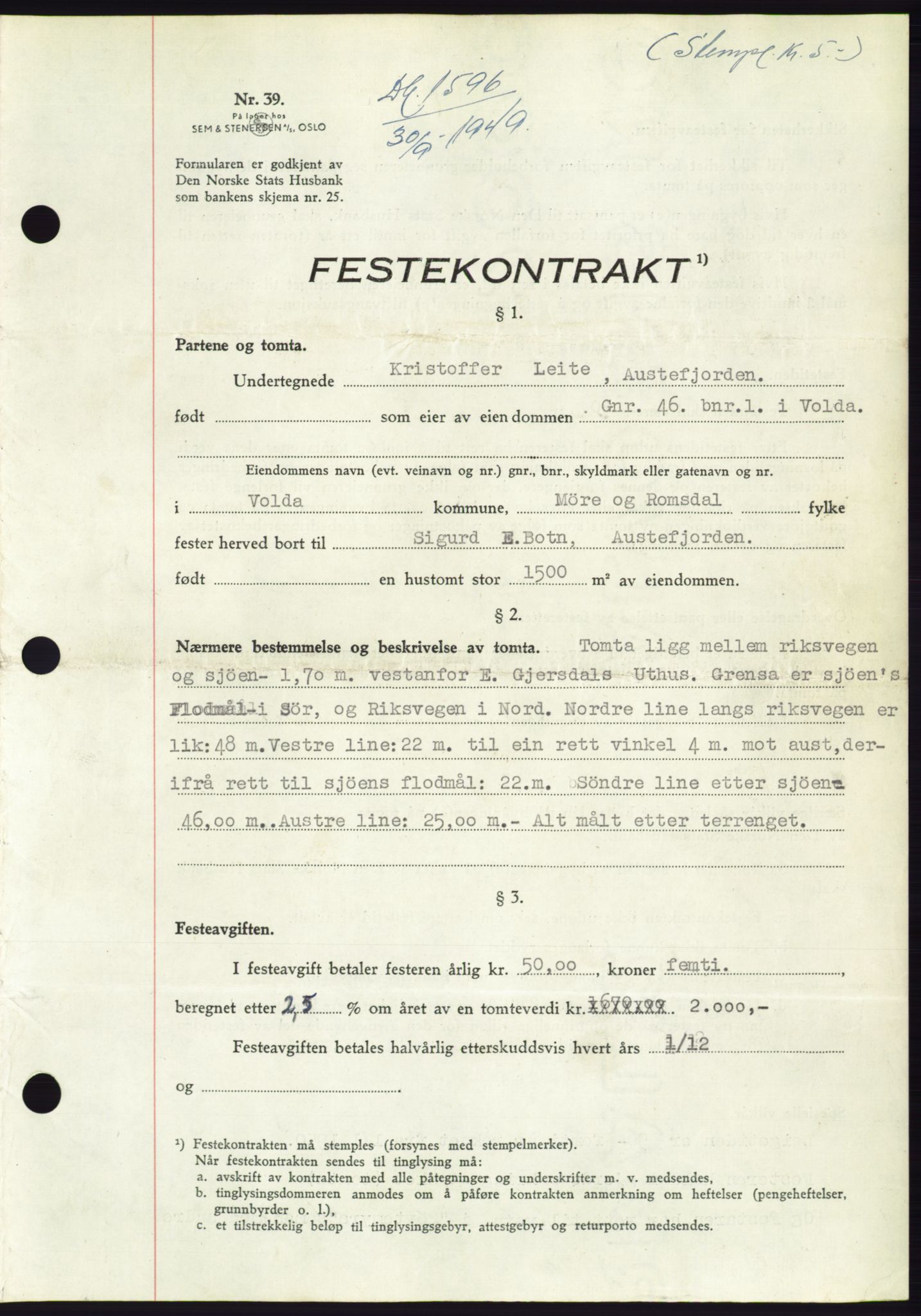 Søre Sunnmøre sorenskriveri, SAT/A-4122/1/2/2C/L0085: Pantebok nr. 11A, 1949-1949, Dagboknr: 1596/1949