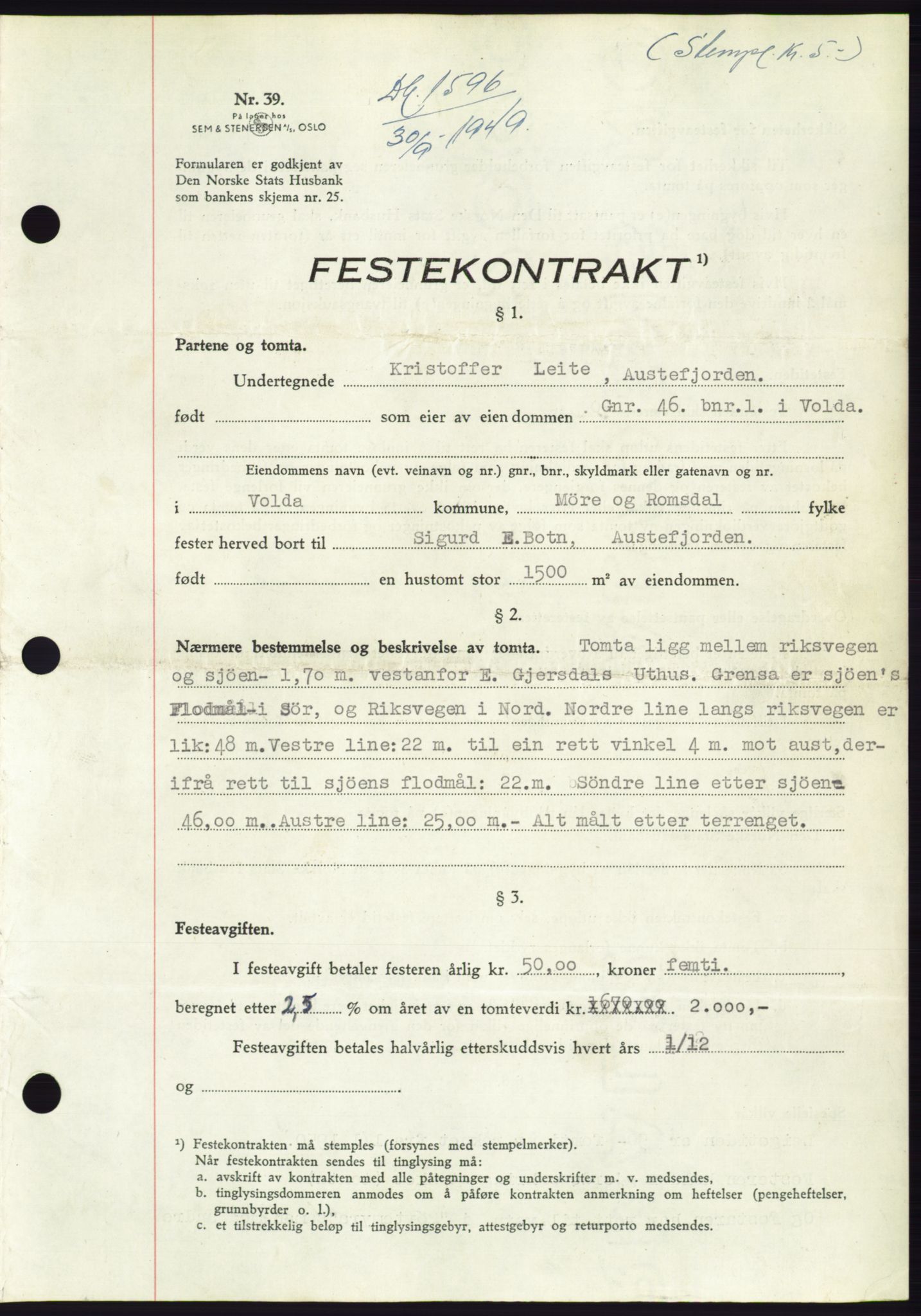 Søre Sunnmøre sorenskriveri, AV/SAT-A-4122/1/2/2C/L0085: Pantebok nr. 11A, 1949-1949, Dagboknr: 1596/1949
