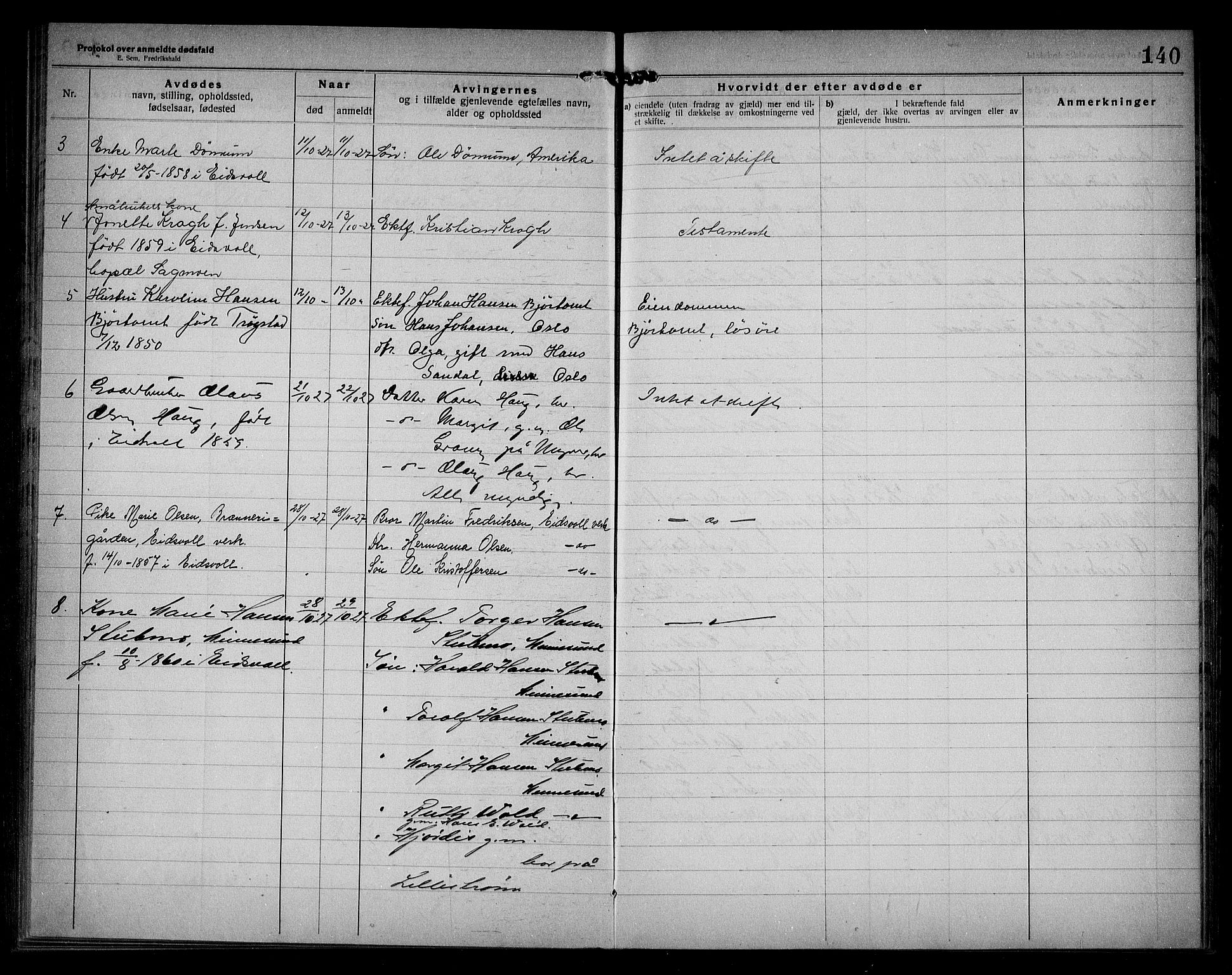 Eidsvoll lensmannskontor, AV/SAO-A-10266a/H/Ha/Haa/L0005: Dødsfallprotokoll, 1921-1930, s. 140