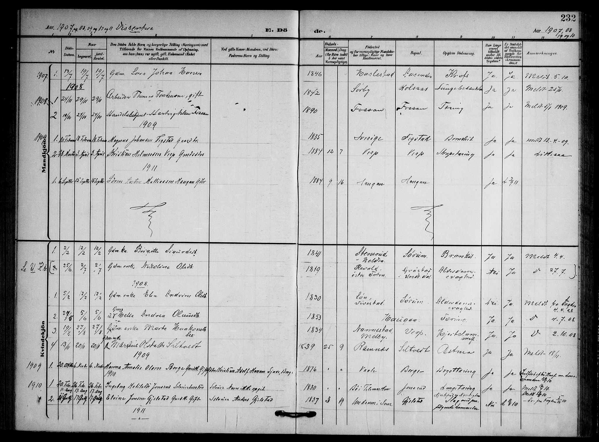 Våle kirkebøker, AV/SAKO-A-334/F/Fa/L0012: Ministerialbok nr. I 12, 1907-1934, s. 232