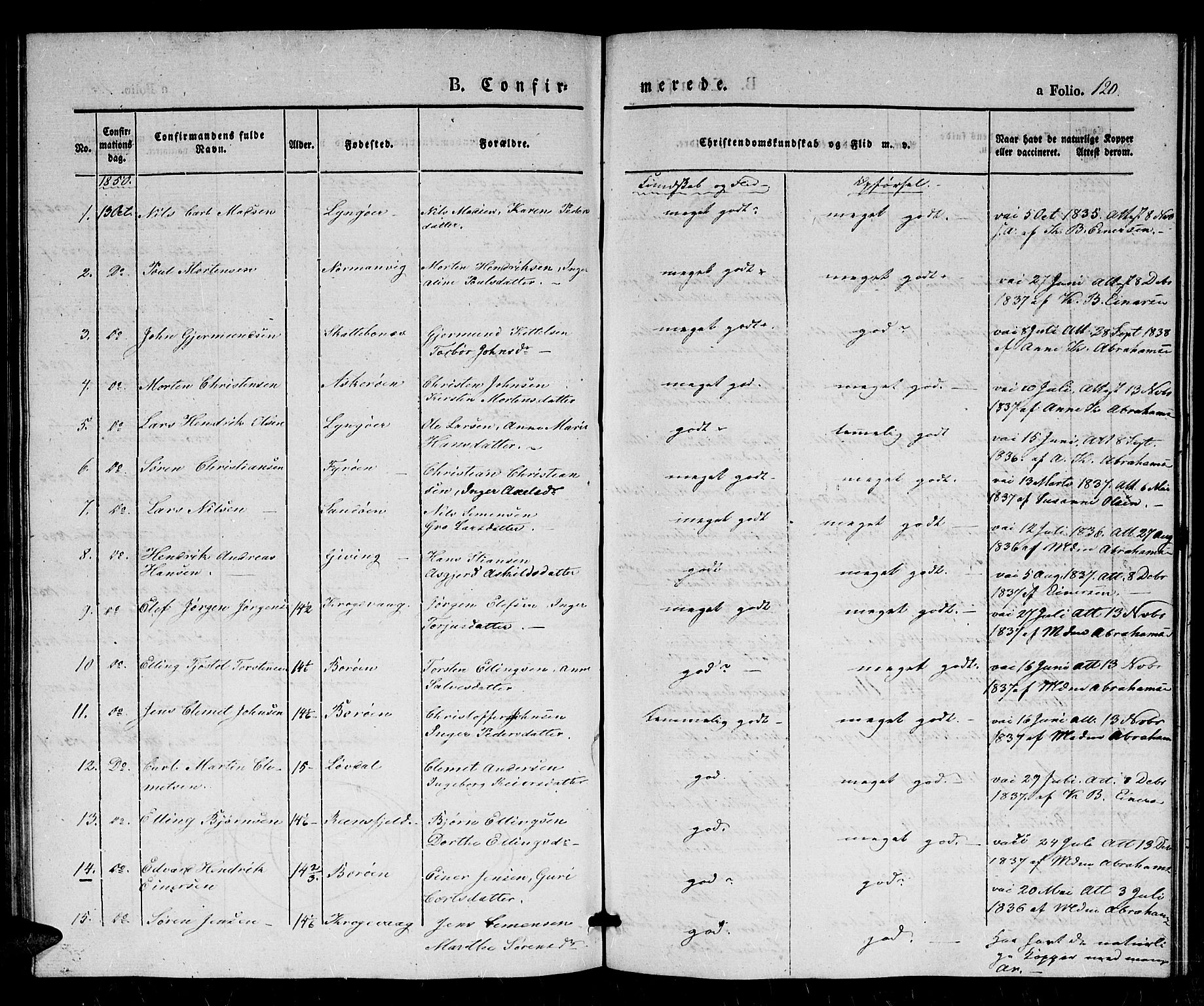 Dypvåg sokneprestkontor, AV/SAK-1111-0007/F/Fb/Fba/L0010: Klokkerbok nr. B 10, 1842-1857, s. 120