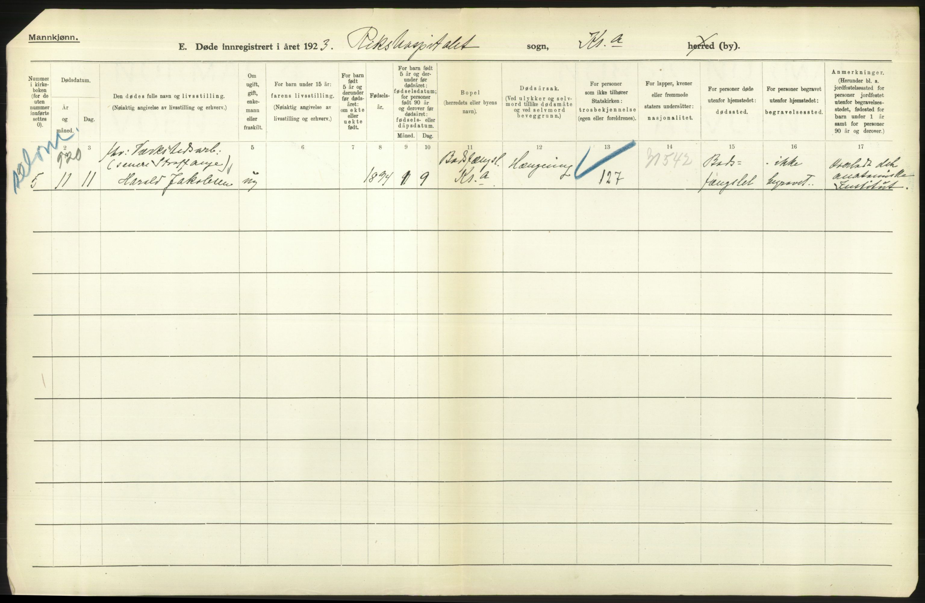 Statistisk sentralbyrå, Sosiodemografiske emner, Befolkning, AV/RA-S-2228/D/Df/Dfc/Dfcc/L0010: Kristiania: Døde, dødfødte, 1923, s. 622