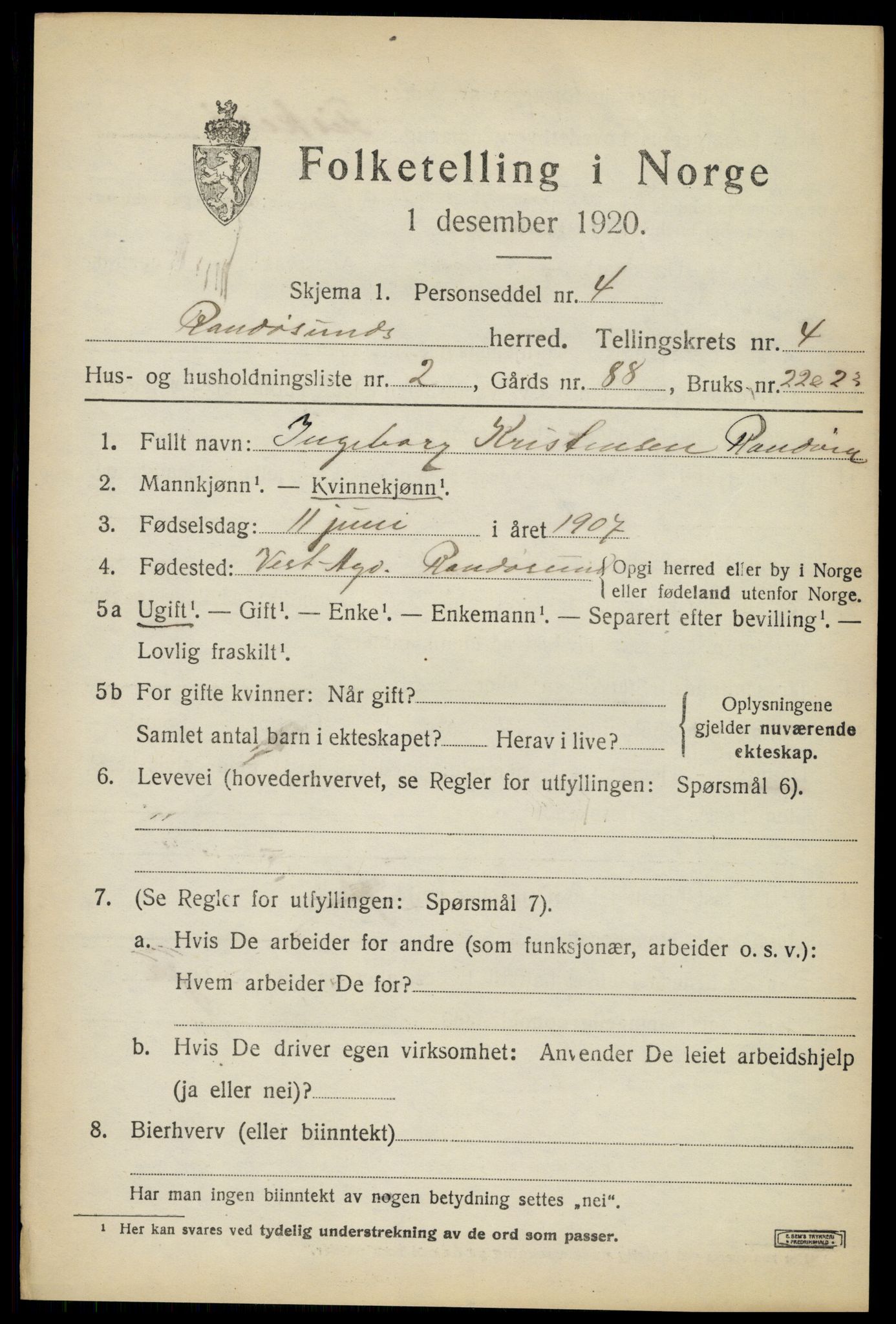 SAK, Folketelling 1920 for 1011 Randesund herred, 1920, s. 1802