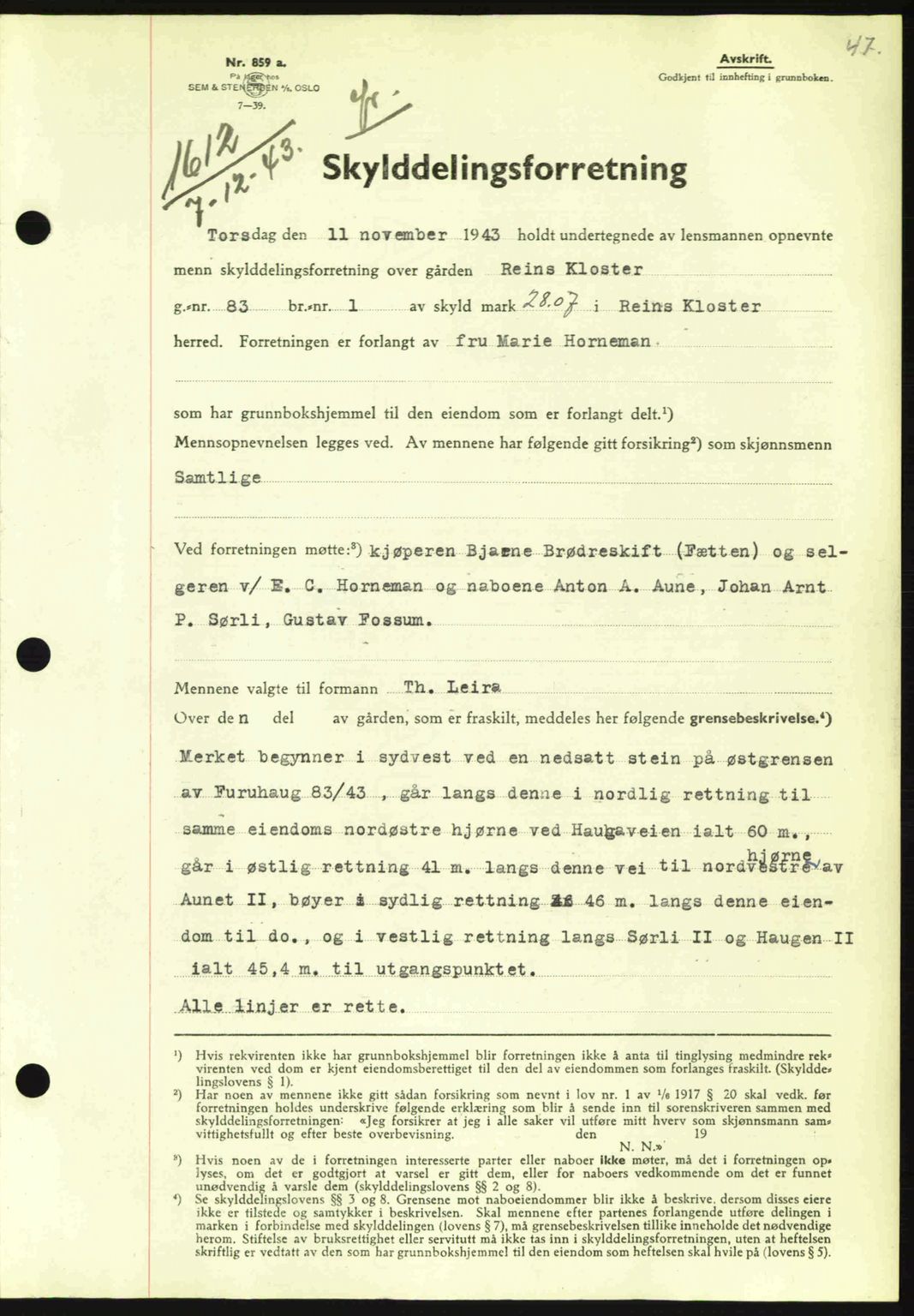 Fosen sorenskriveri, AV/SAT-A-1107/1/2/2C: Pantebok nr. A3, 1943-1945, Dagboknr: 1612/1943