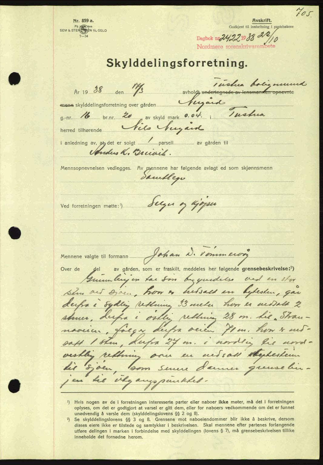 Nordmøre sorenskriveri, SAT/A-4132/1/2/2Ca: Pantebok nr. A84, 1938-1938, Dagboknr: 2422/1938