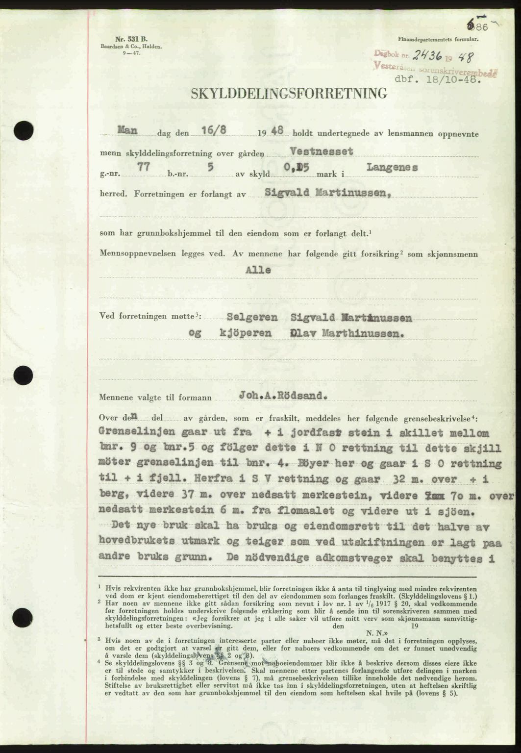 Vesterålen sorenskriveri, AV/SAT-A-4180/1/2/2Ca: Pantebok nr. A23, 1948-1948, Dagboknr: 2436/1948