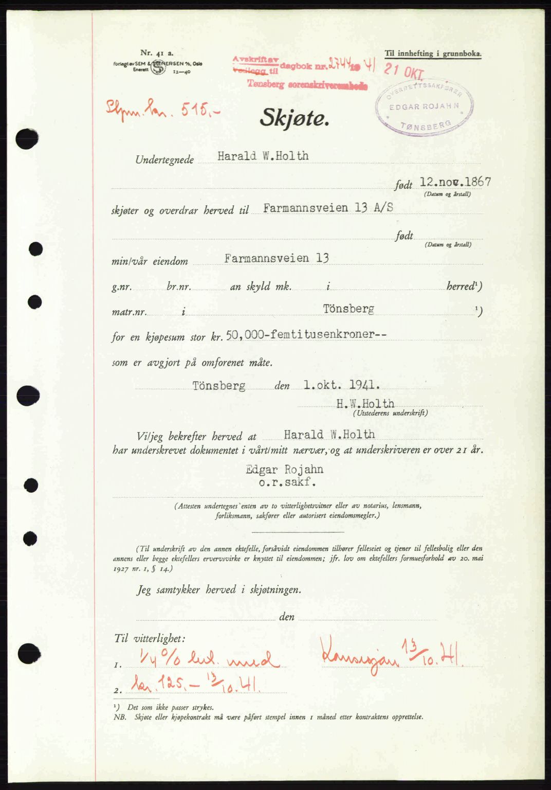 Tønsberg sorenskriveri, AV/SAKO-A-130/G/Ga/Gaa/L0010: Pantebok nr. A10, 1941-1941, Dagboknr: 2744/1941