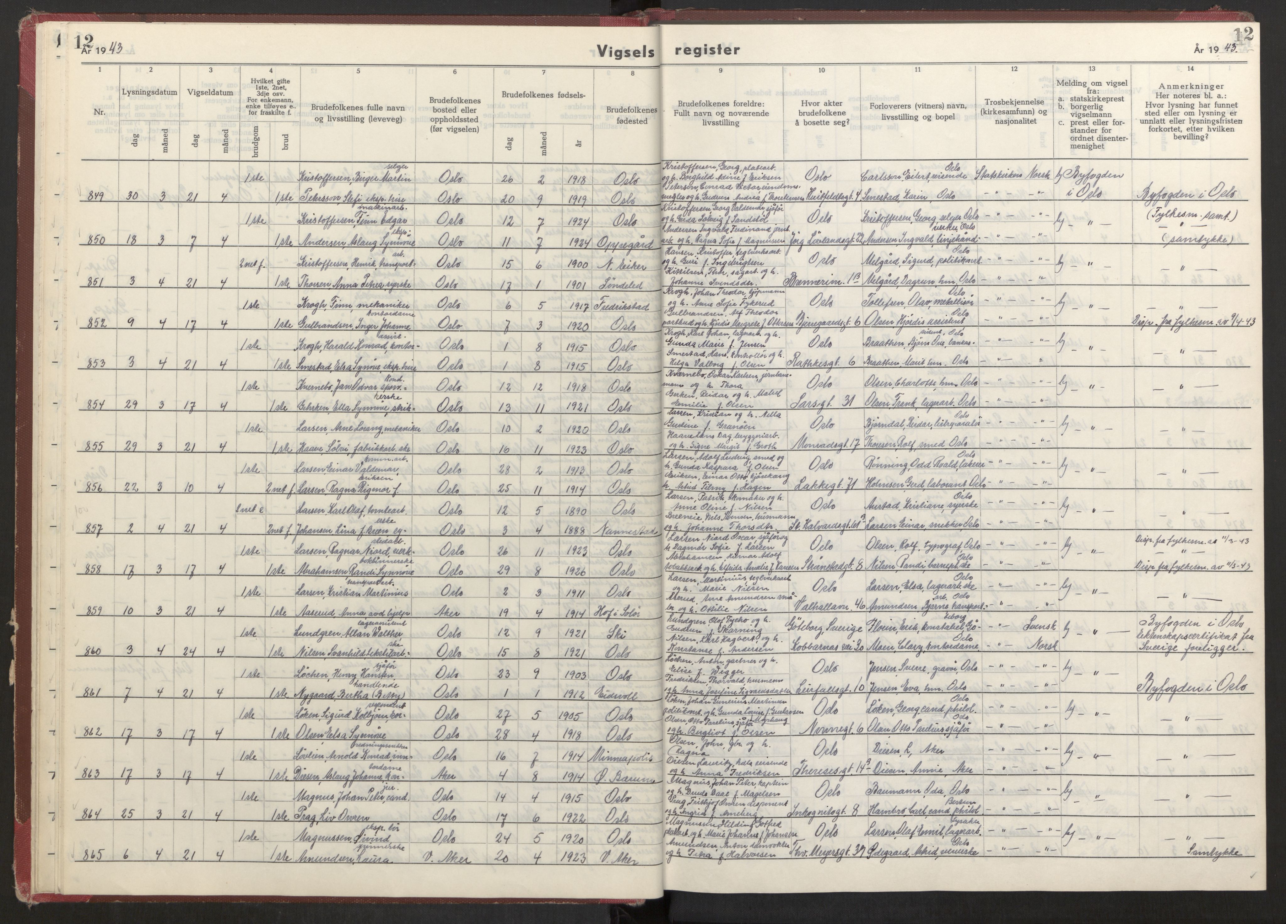 Oslo folkeregister, AV/SAO-A-10991/G/Ga/L0004: Vigselsregister for Oslo, 1943-1944, s. 12