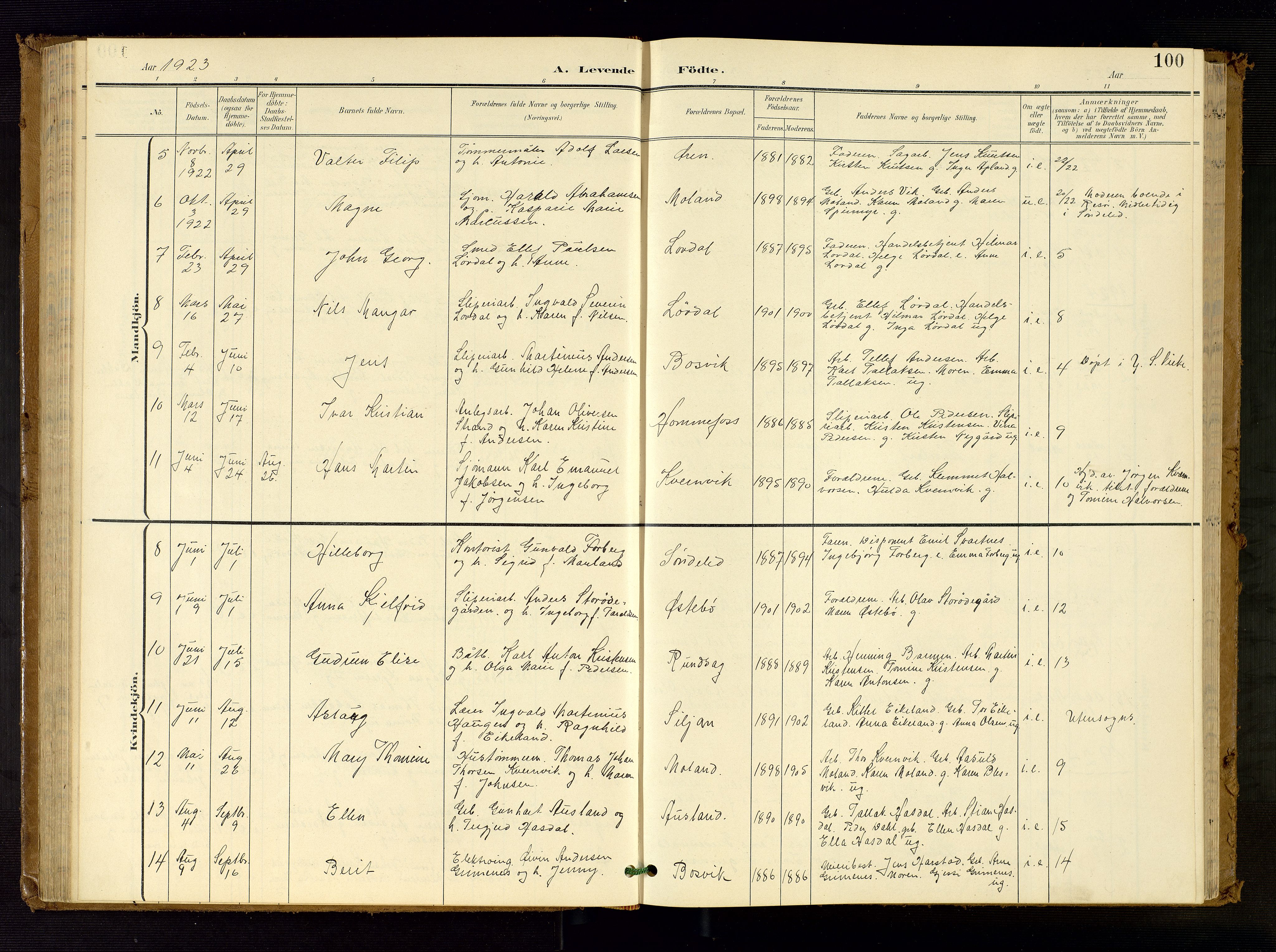 Søndeled sokneprestkontor, AV/SAK-1111-0038/F/Fb/L0005: Klokkerbok nr. B 6, 1900-1962, s. 100