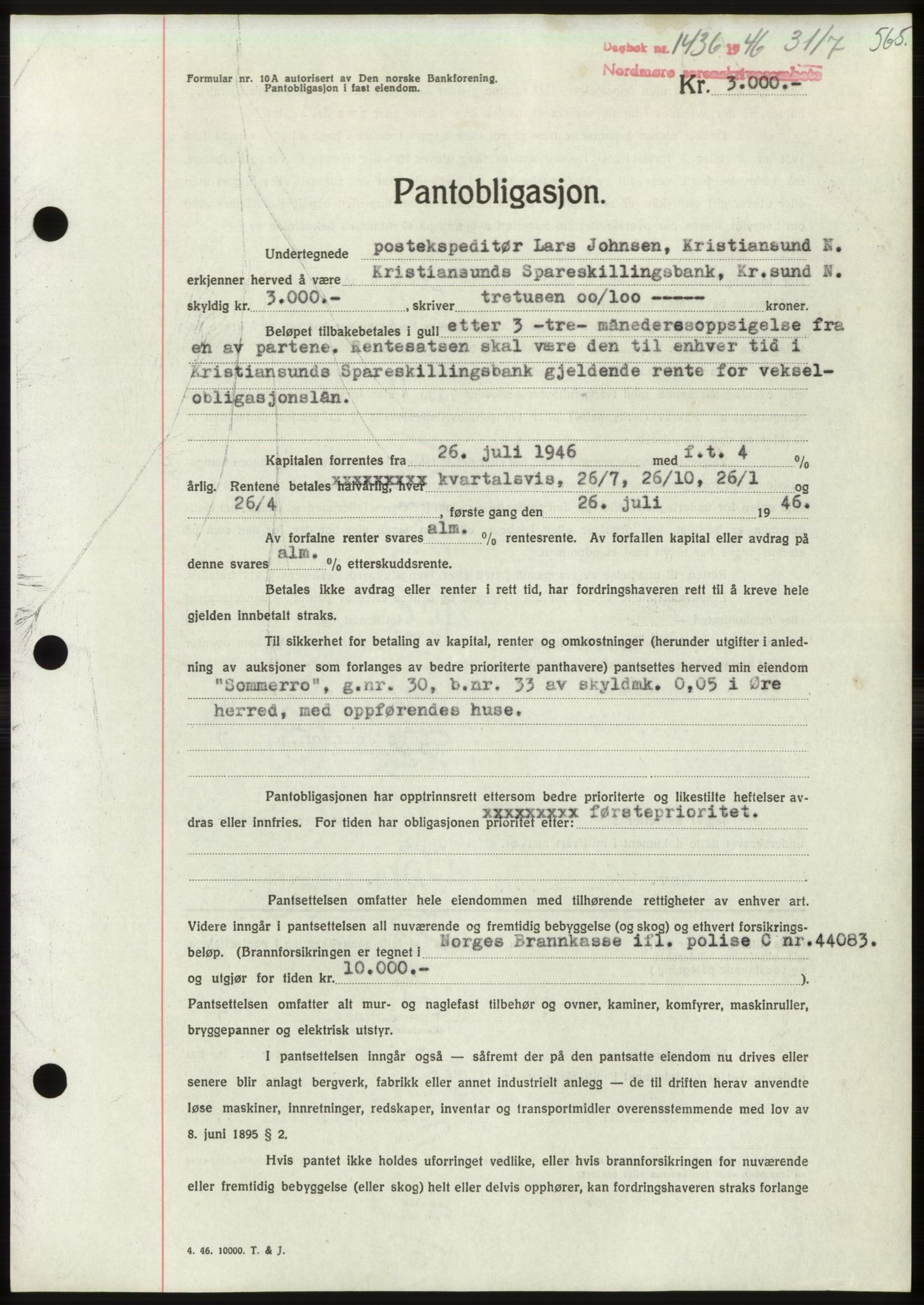 Nordmøre sorenskriveri, SAT/A-4132/1/2/2Ca: Pantebok nr. B94, 1946-1946, Dagboknr: 1436/1946