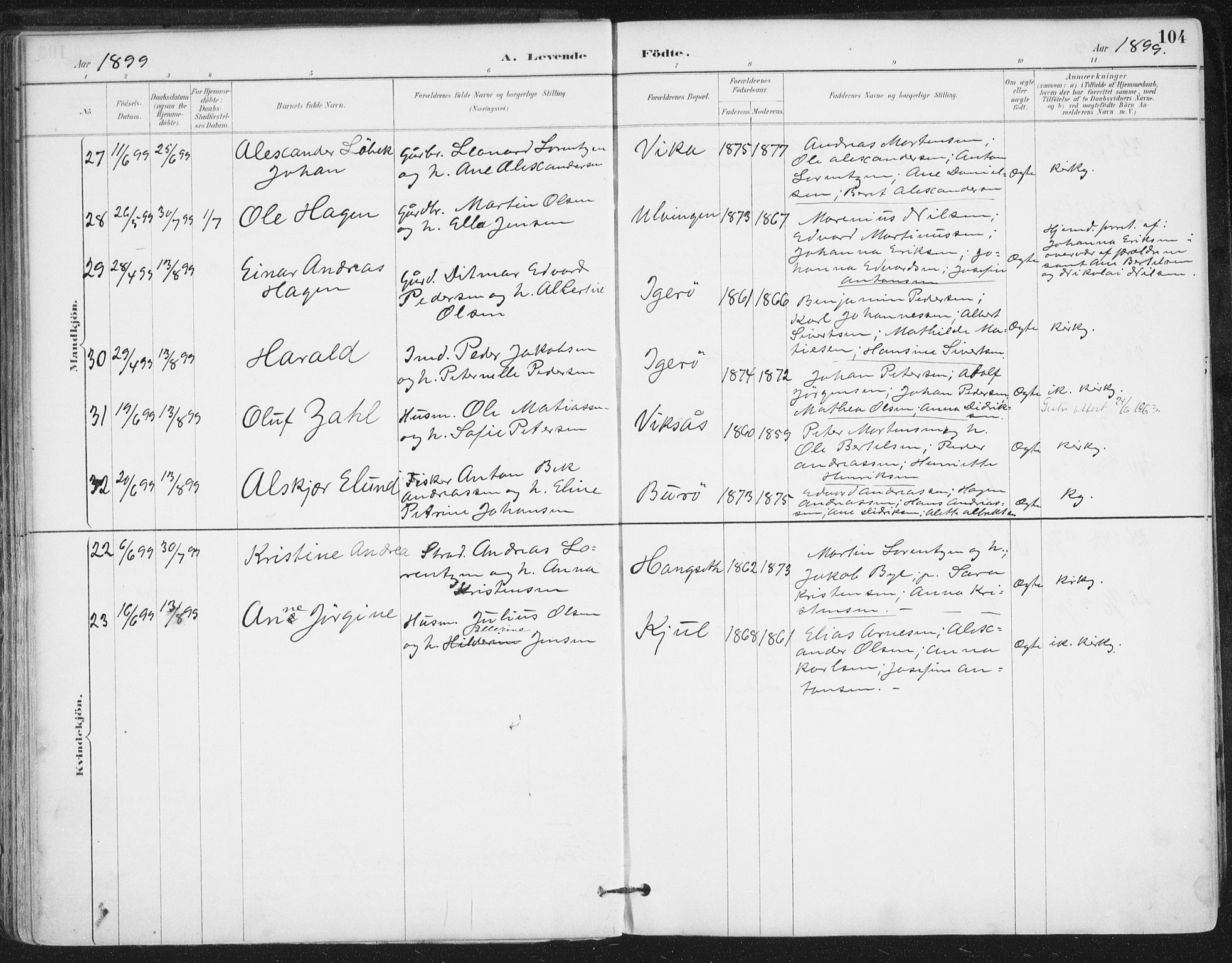 Ministerialprotokoller, klokkerbøker og fødselsregistre - Nordland, AV/SAT-A-1459/816/L0244: Ministerialbok nr. 816A10, 1886-1903, s. 104