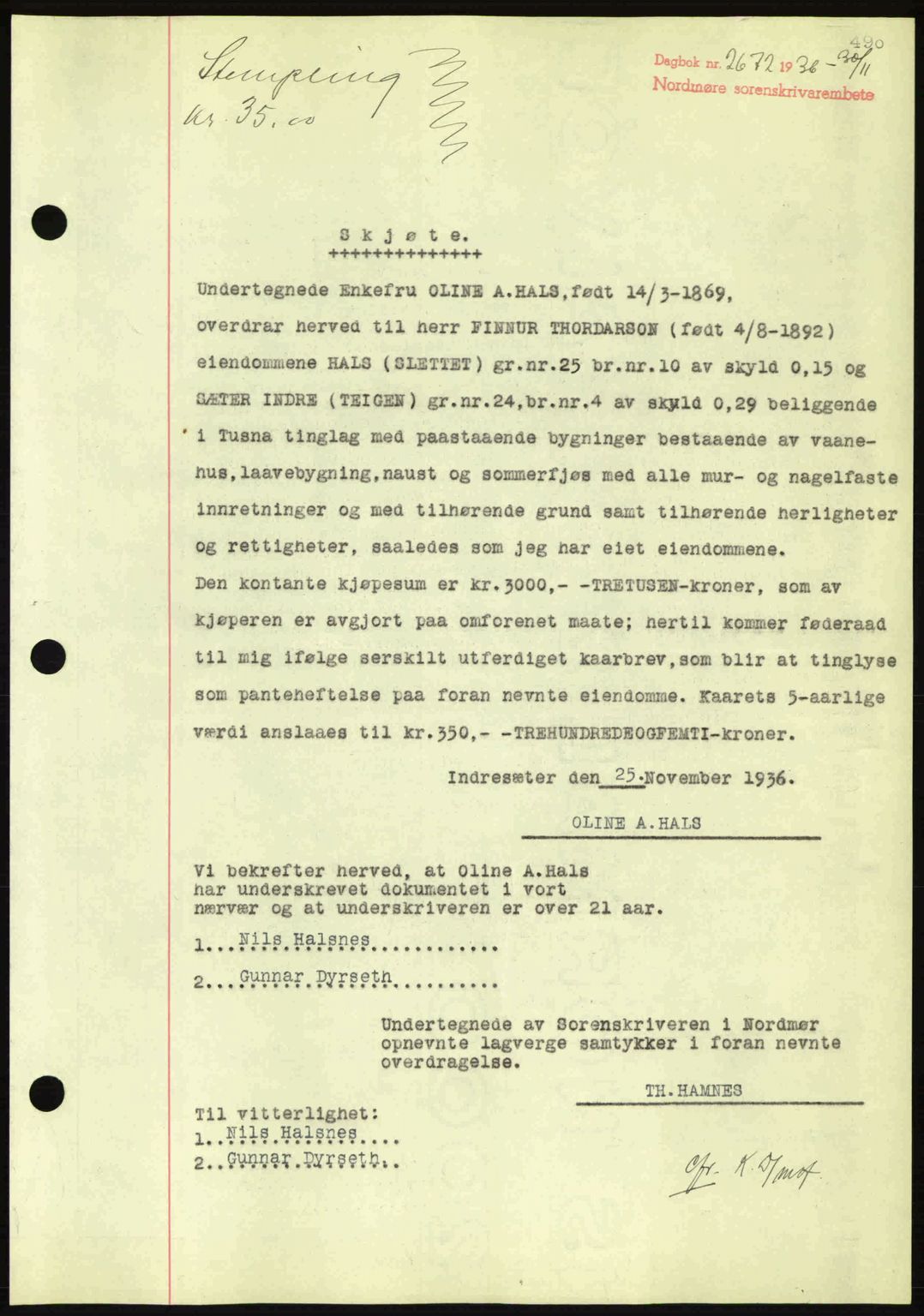 Nordmøre sorenskriveri, SAT/A-4132/1/2/2Ca: Pantebok nr. A80, 1936-1937, Dagboknr: 2672/1936