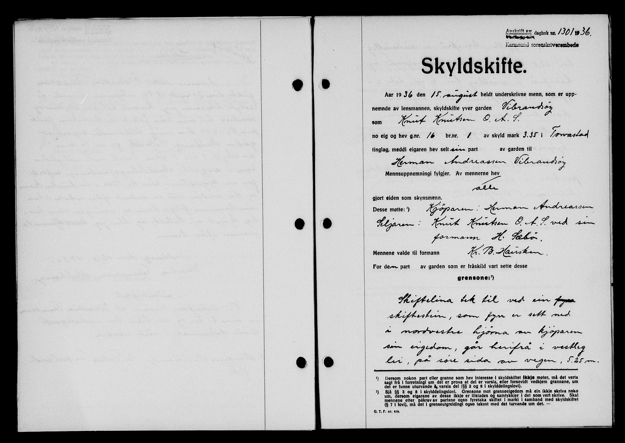 Karmsund sorenskriveri, SAST/A-100311/01/II/IIB/L0066: Pantebok nr. 47A, 1936-1936, Dagboknr: 1301/1936