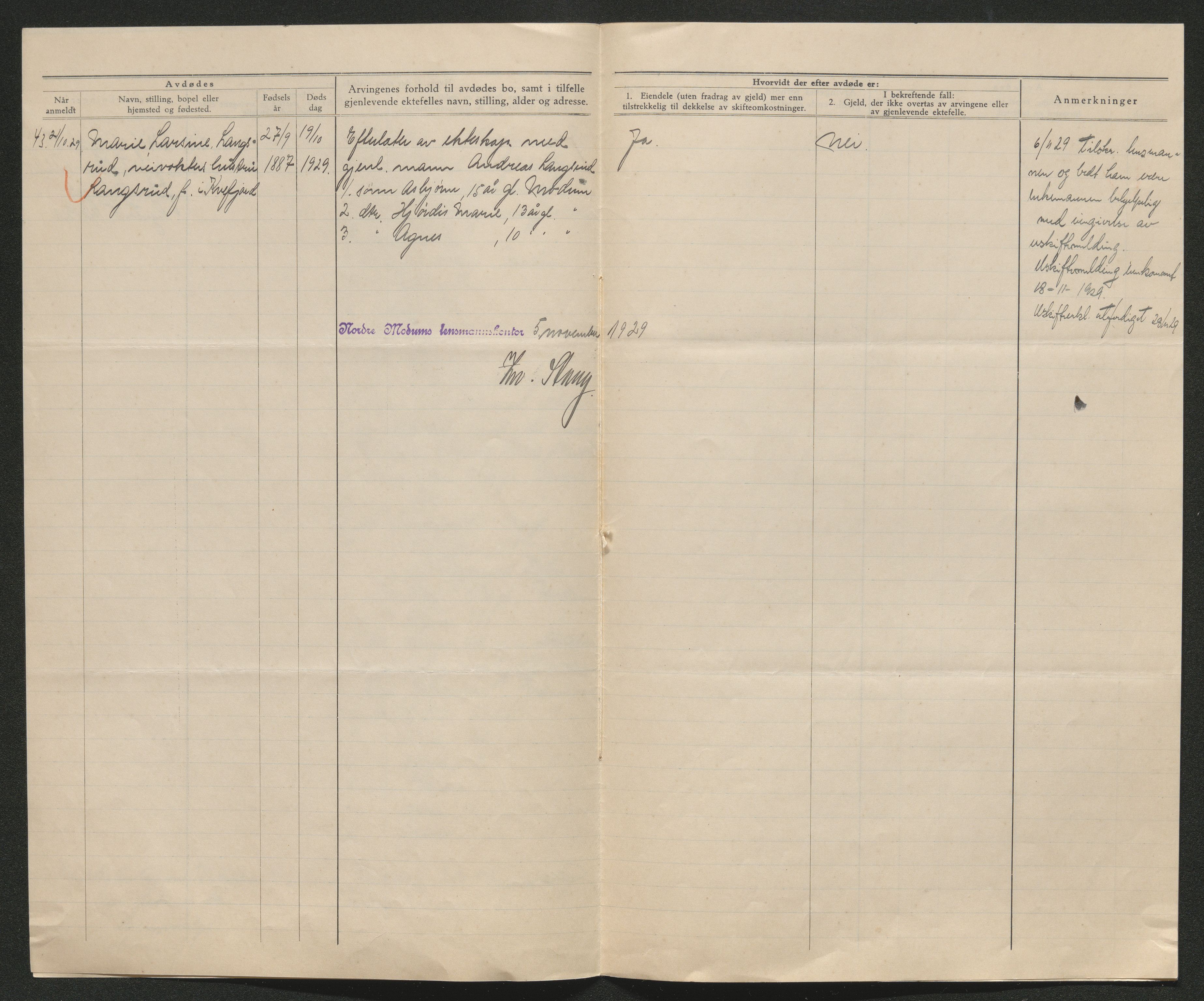 Eiker, Modum og Sigdal sorenskriveri, AV/SAKO-A-123/H/Ha/Hab/L0045: Dødsfallsmeldinger, 1928-1929, s. 1048