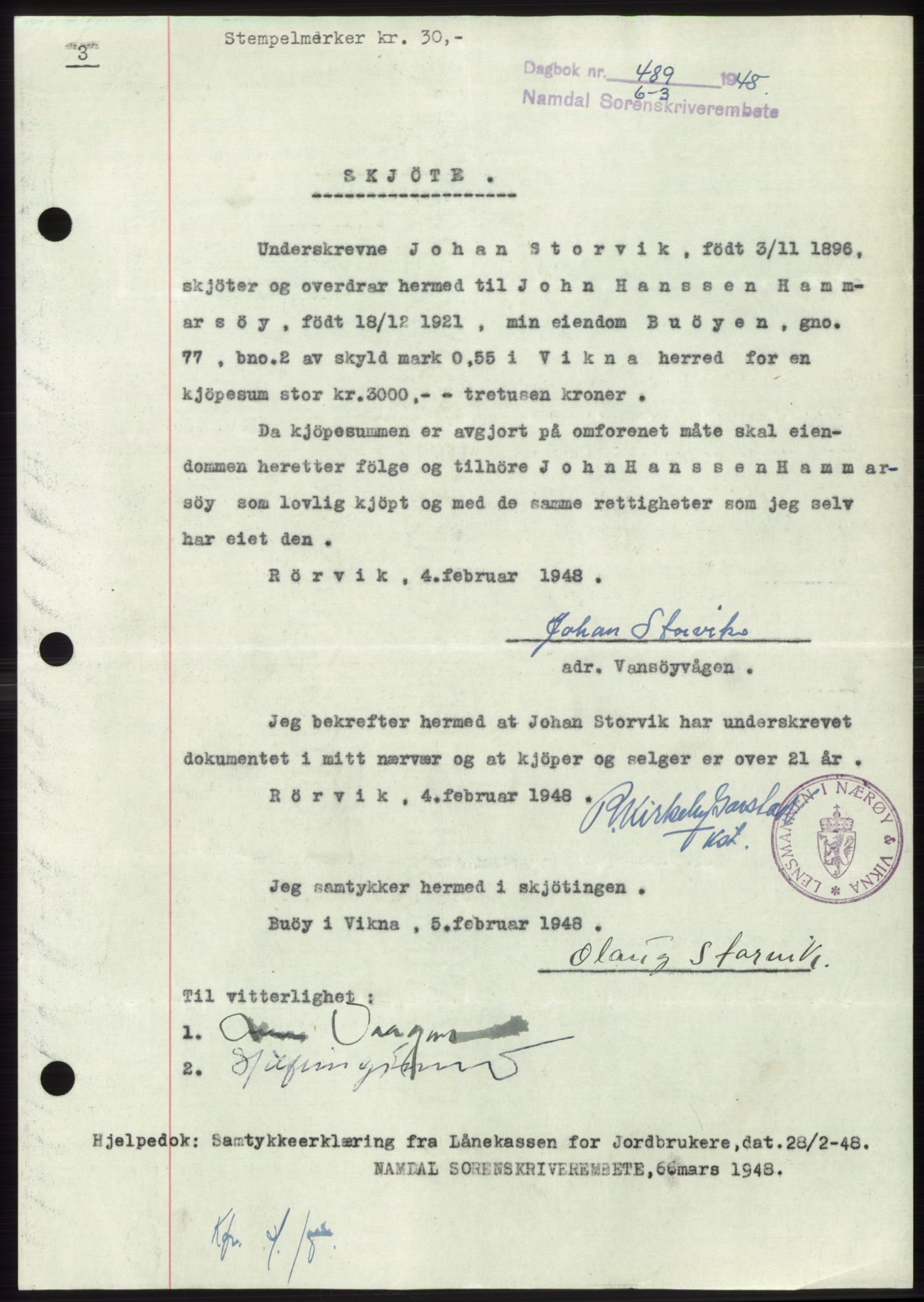 Namdal sorenskriveri, SAT/A-4133/1/2/2C: Pantebok nr. -, 1947-1948, Dagboknr: 489/1948