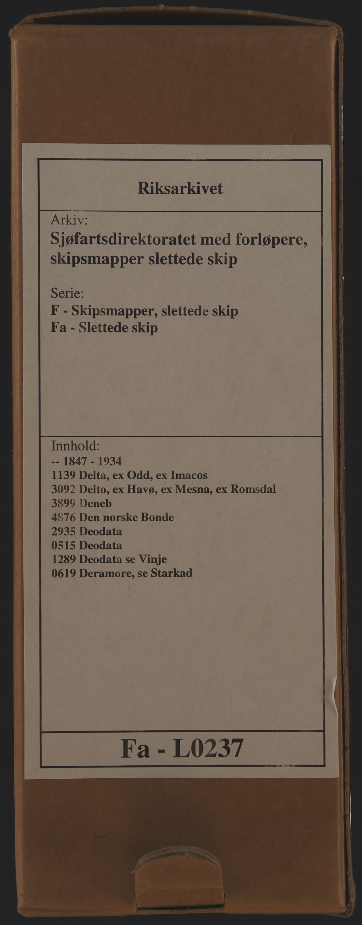 Sjøfartsdirektoratet med forløpere, skipsmapper slettede skip, RA/S-4998/F/Fa/L0237: --, 1847-1934, s. 1