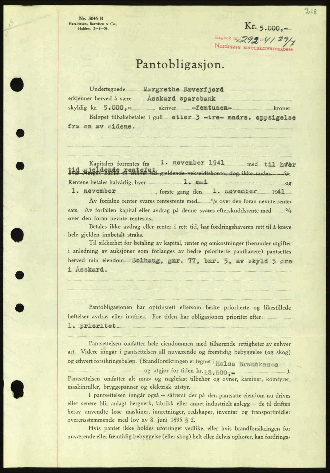 Nordmøre sorenskriveri, SAT/A-4132/1/2/2Ca: Pantebok nr. B88, 1941-1942, Dagboknr: 1292/1941