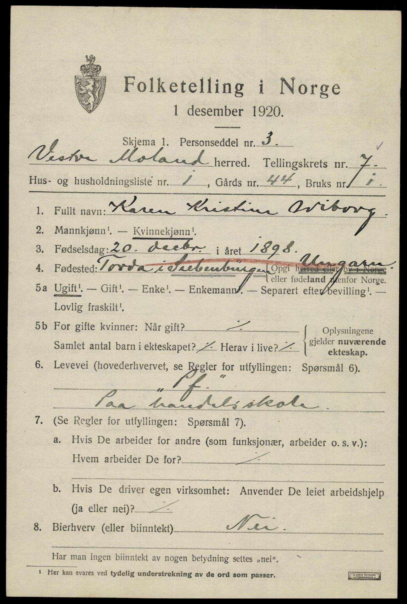 SAK, Folketelling 1920 for 0926 Vestre Moland herred, 1920, s. 4773