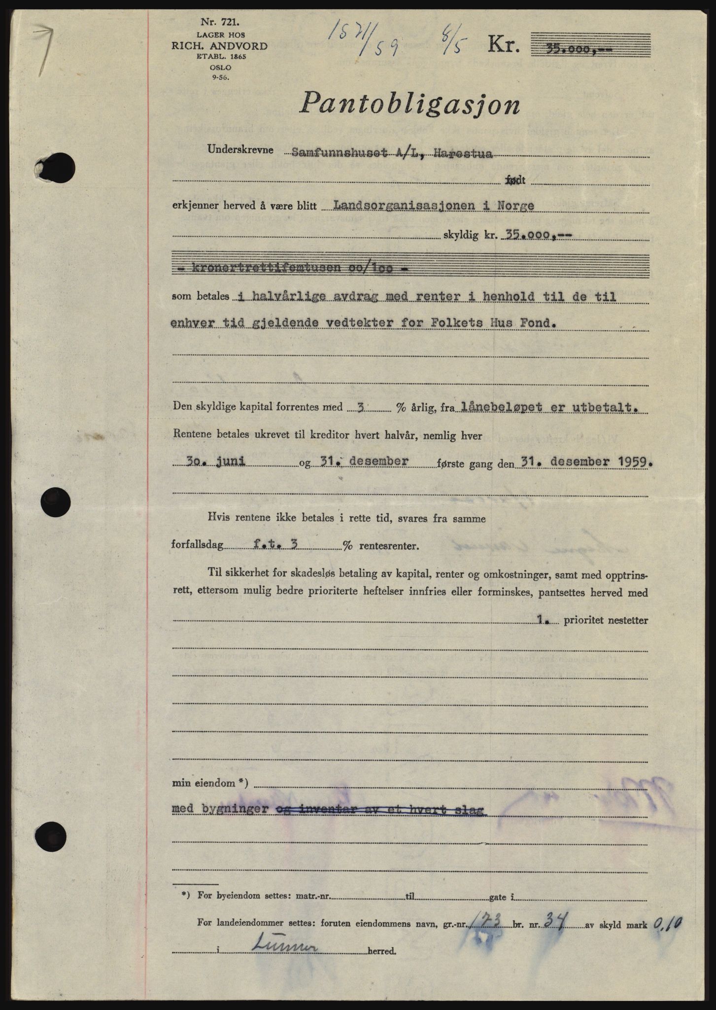 Hadeland og Land tingrett, SAH/TING-010/H/Hb/Hbc/L0040: Pantebok nr. B40, 1959-1959, Dagboknr: 1571/1959