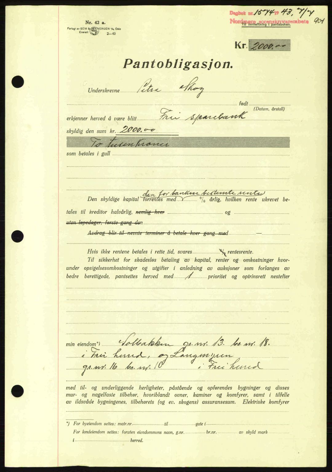 Nordmøre sorenskriveri, SAT/A-4132/1/2/2Ca: Pantebok nr. B90, 1942-1943, Dagboknr: 1574/1943