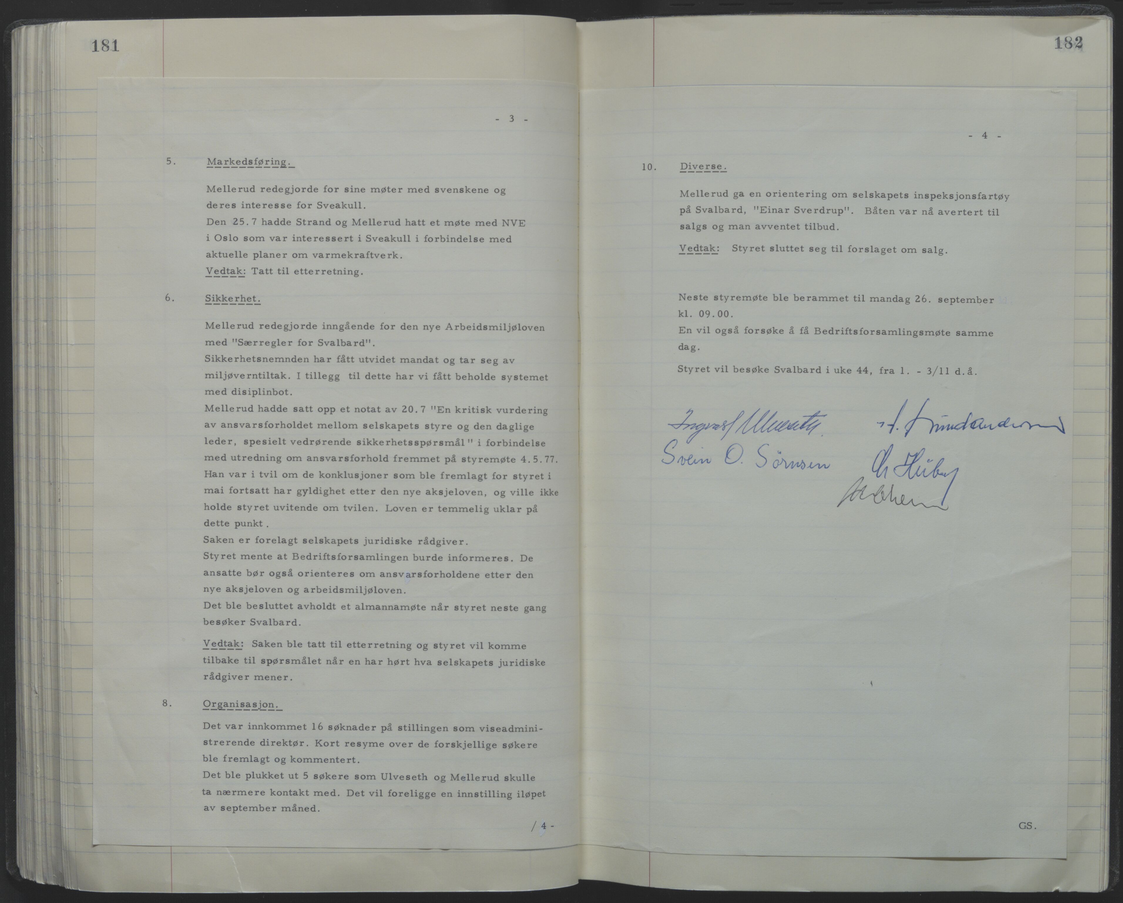 Store Norske Spitsbergen Kulkompani A/S, AV/SATØ-P-0073/09/A/Ab/Aba/L0001: Styreprotokoll 6, 1970-1979, s. 181-182