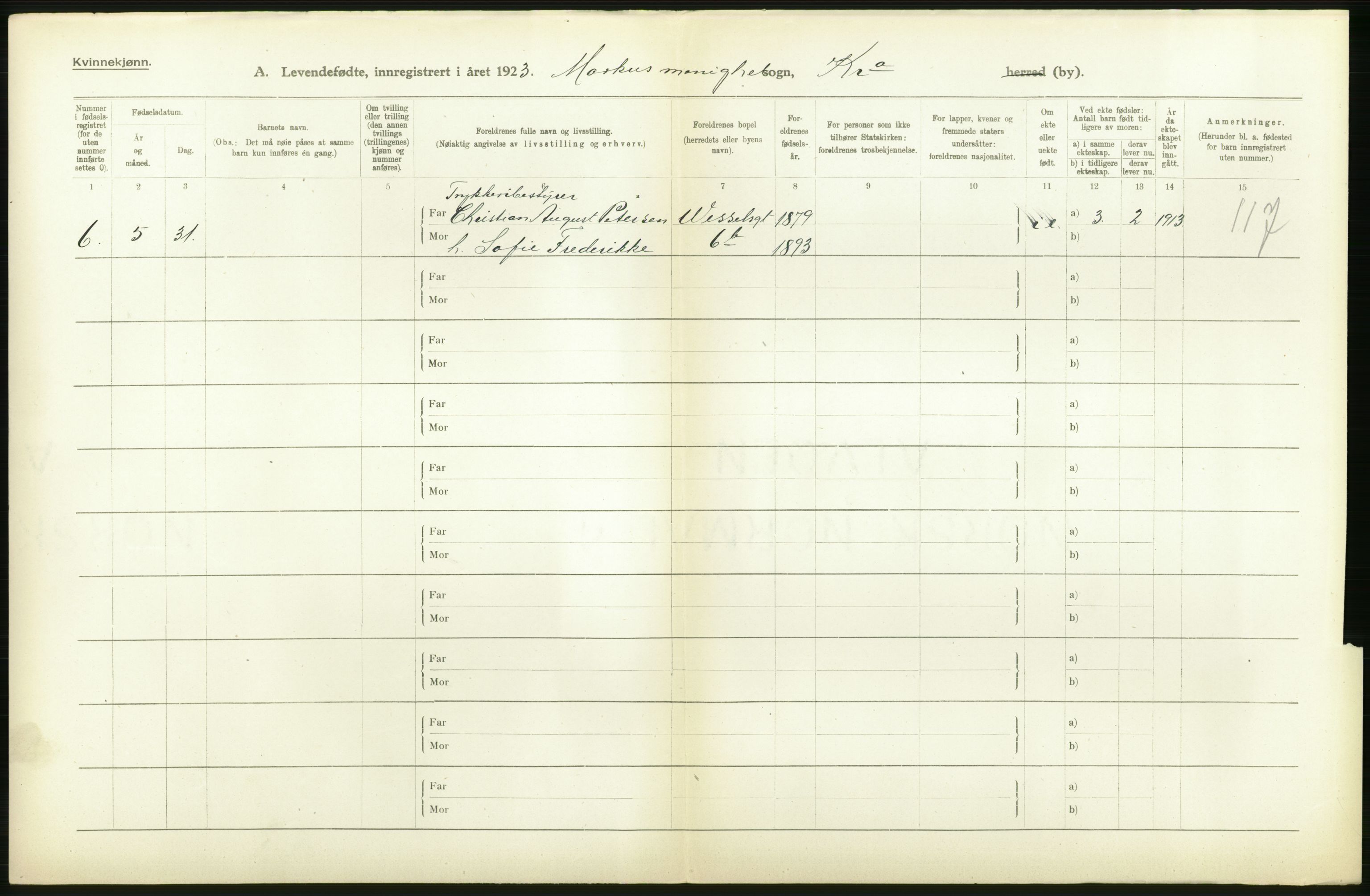 Statistisk sentralbyrå, Sosiodemografiske emner, Befolkning, AV/RA-S-2228/D/Df/Dfc/Dfcc/L0007: Kristiania: Levendefødte menn og kvinner., 1923, s. 544