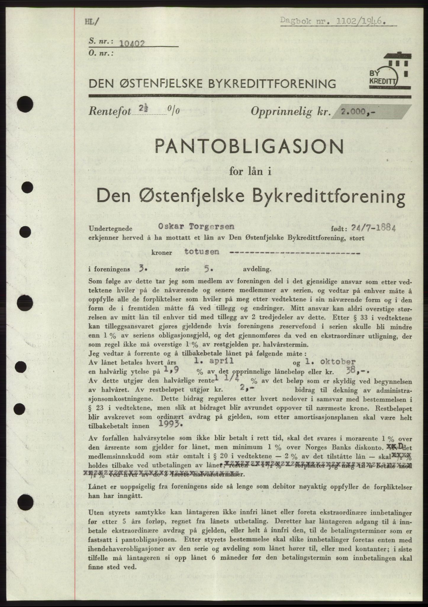 Moss sorenskriveri, SAO/A-10168: Pantebok nr. B15, 1946-1946, Dagboknr: 1102/1946