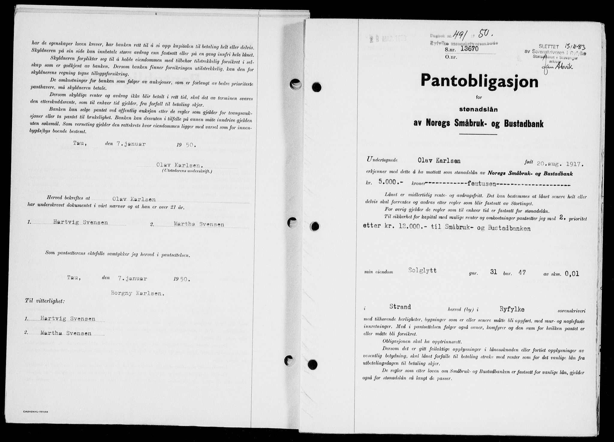Ryfylke tingrett, SAST/A-100055/001/II/IIB/L0107: Pantebok nr. 86, 1949-1960, Dagboknr: 491/1950