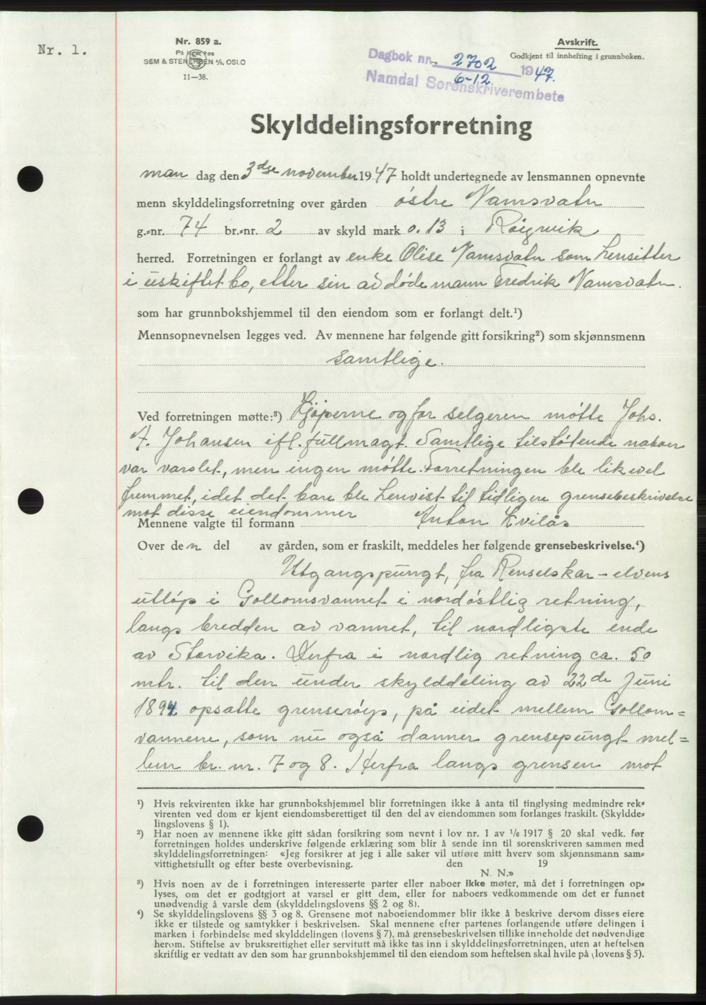 Namdal sorenskriveri, SAT/A-4133/1/2/2C: Pantebok nr. -, 1947-1948, Dagboknr: 2702/1947