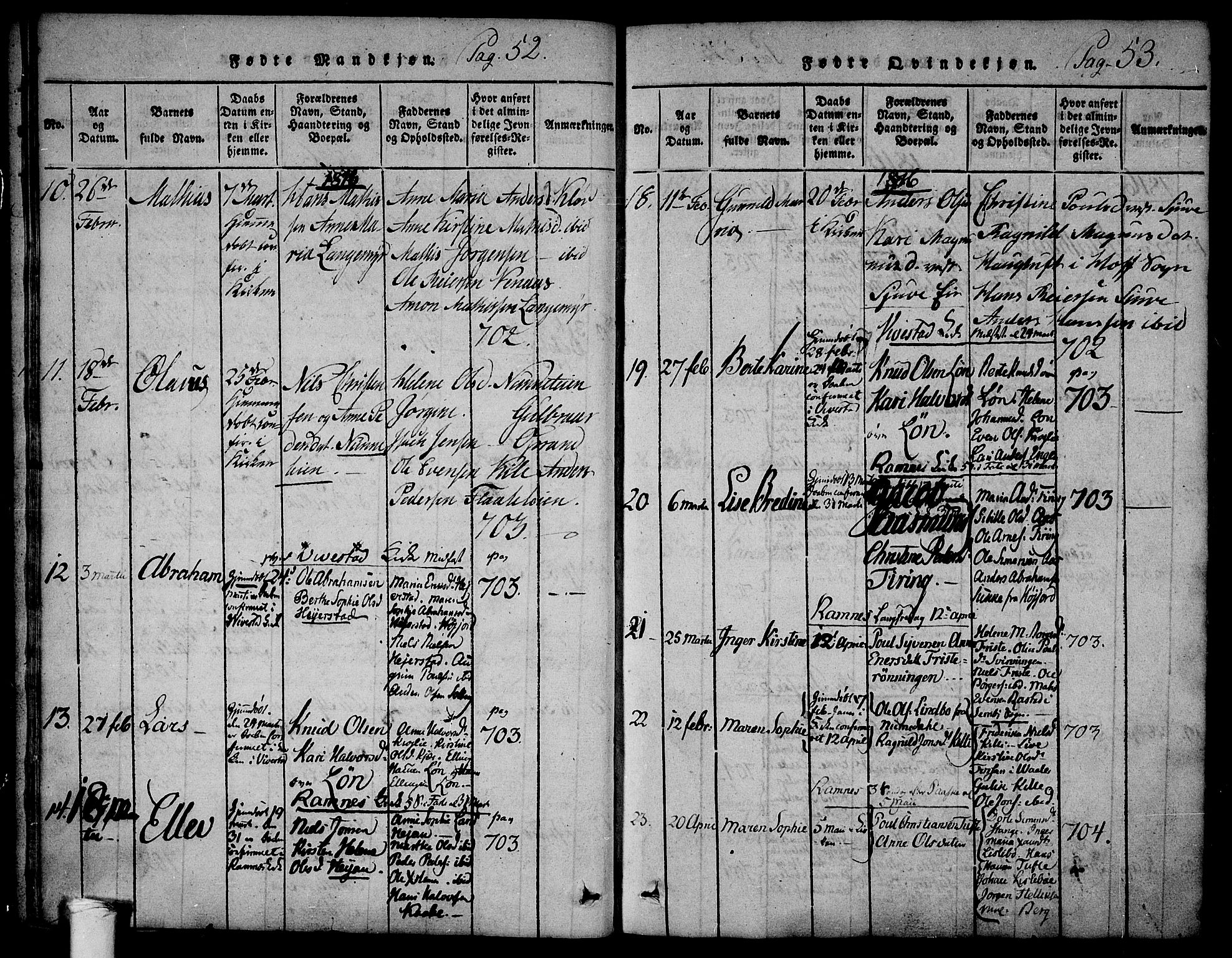 Ramnes kirkebøker, SAKO/A-314/F/Fa/L0004: Ministerialbok nr. I 4, 1813-1840, s. 52-53