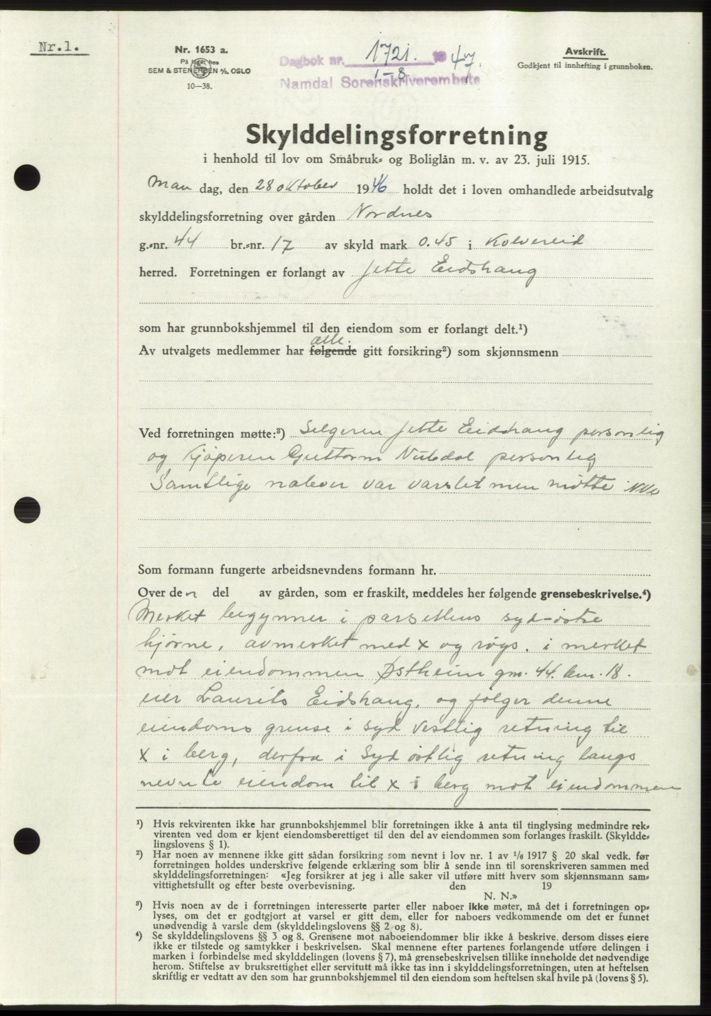 Namdal sorenskriveri, SAT/A-4133/1/2/2C: Pantebok nr. -, 1947-1947, Dagboknr: 1721/1947