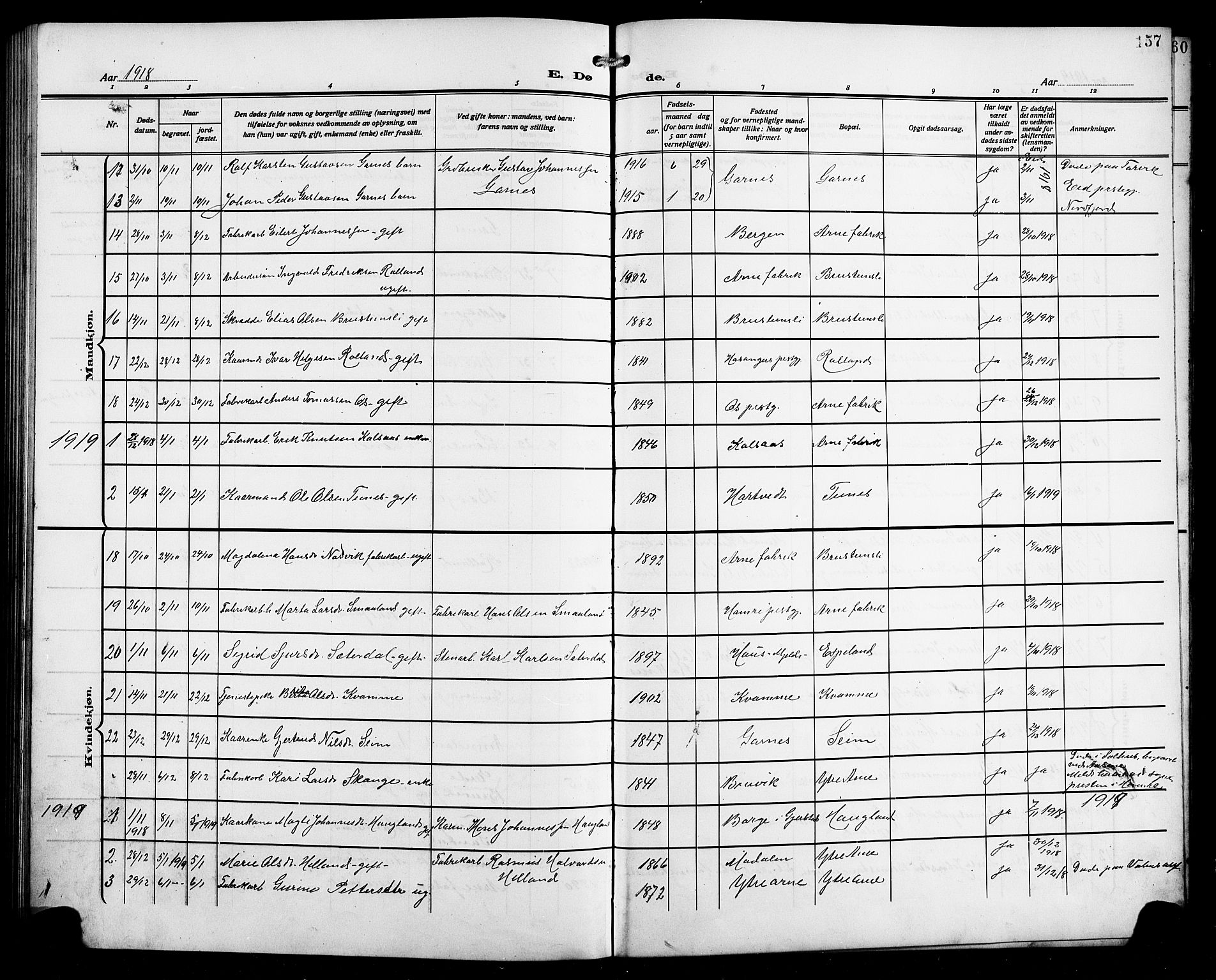 Arna sokneprestembete, AV/SAB-A-74001/H/Ha/Hab: Klokkerbok nr. A 5, 1911-1921, s. 157