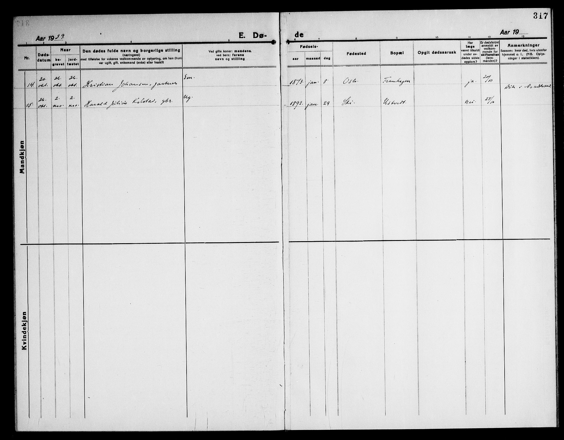 Kråkstad prestekontor Kirkebøker, AV/SAO-A-10125a/G/Gb/L0002: Klokkerbok nr. II 2, 1921-1941, s. 317