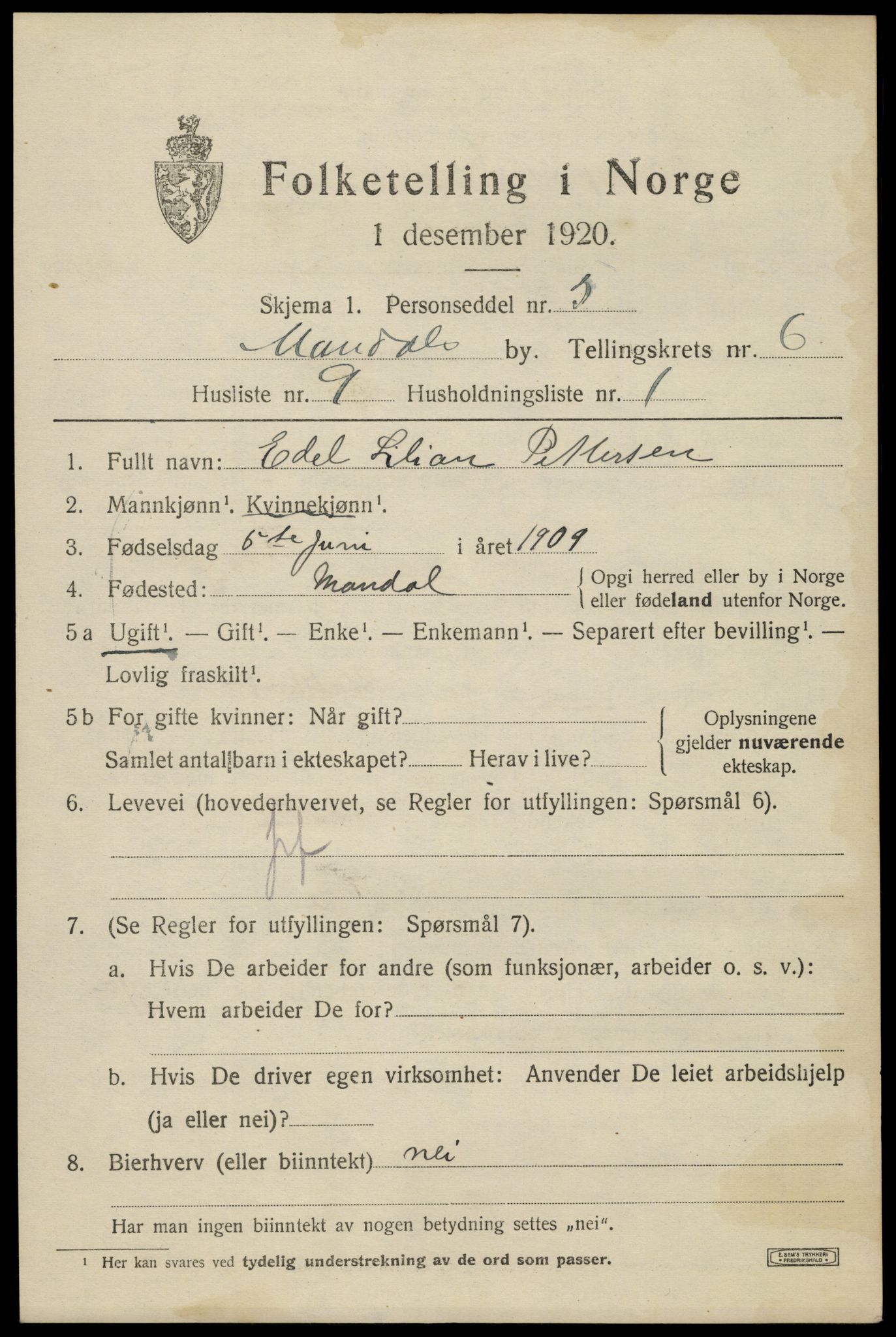 SAK, Folketelling 1920 for 1002 Mandal ladested, 1920, s. 9211