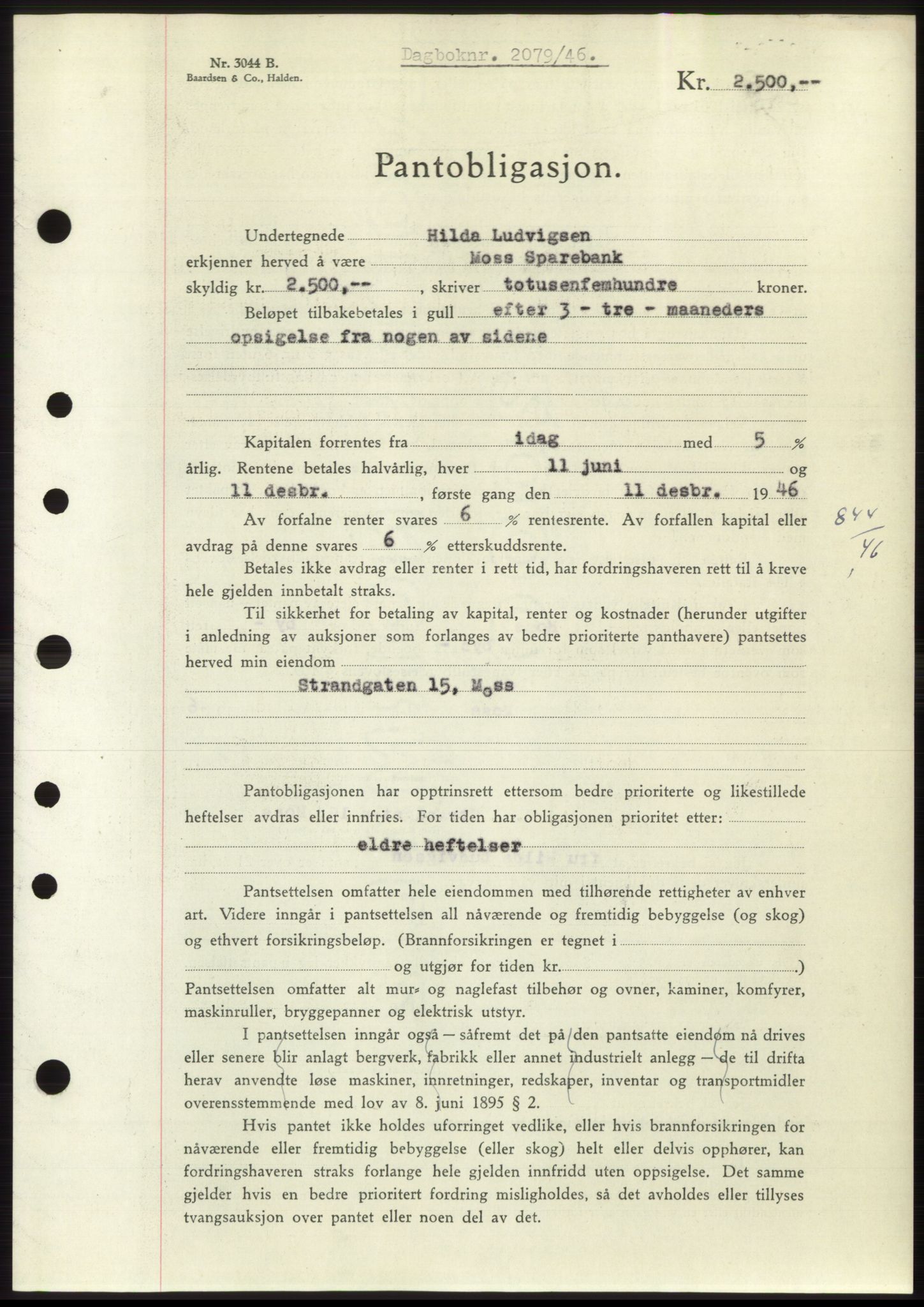 Moss sorenskriveri, SAO/A-10168: Pantebok nr. B15, 1946-1946, Dagboknr: 2079/1946