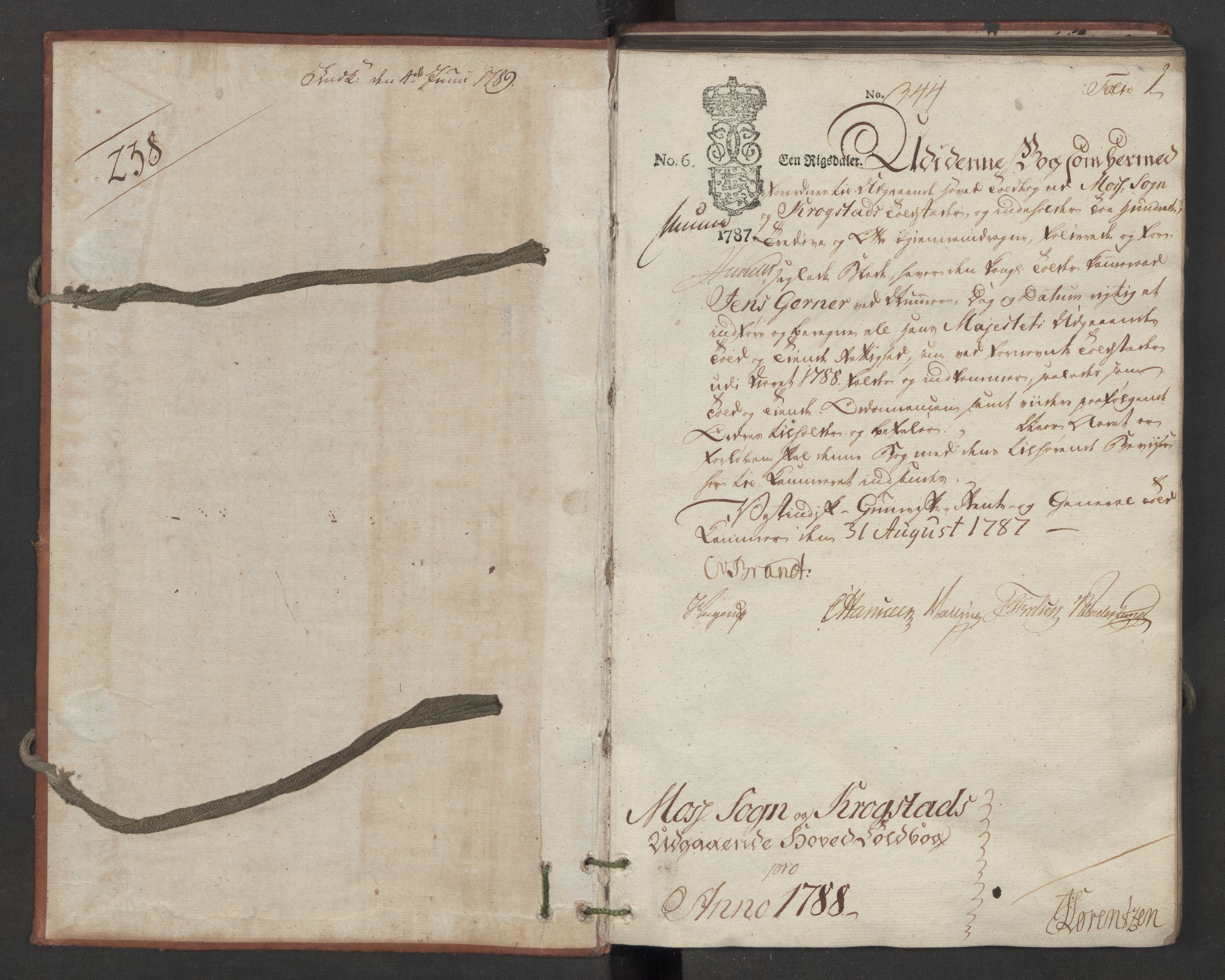 Generaltollkammeret, tollregnskaper, AV/RA-EA-5490/R05/L0088/0001: Tollregnskaper Moss, Son, Krokstad / Utgående hovedtollbok, 1788