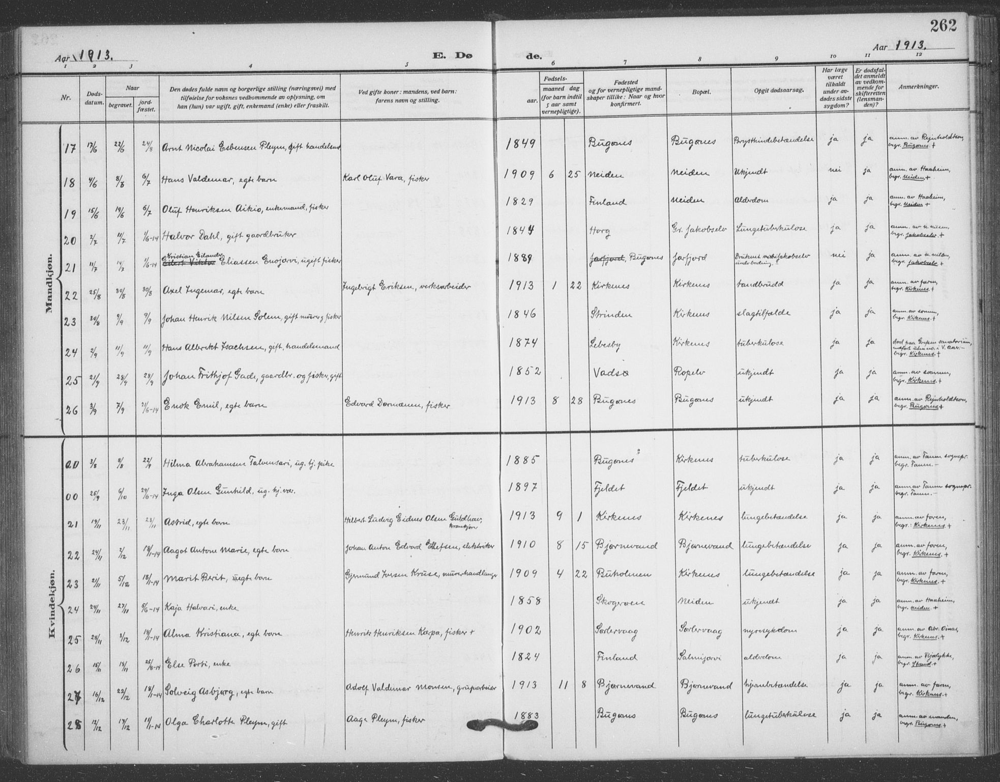 Sør-Varanger sokneprestkontor, AV/SATØ-S-1331/H/Ha/L0005kirke: Ministerialbok nr. 5, 1909-1919, s. 262