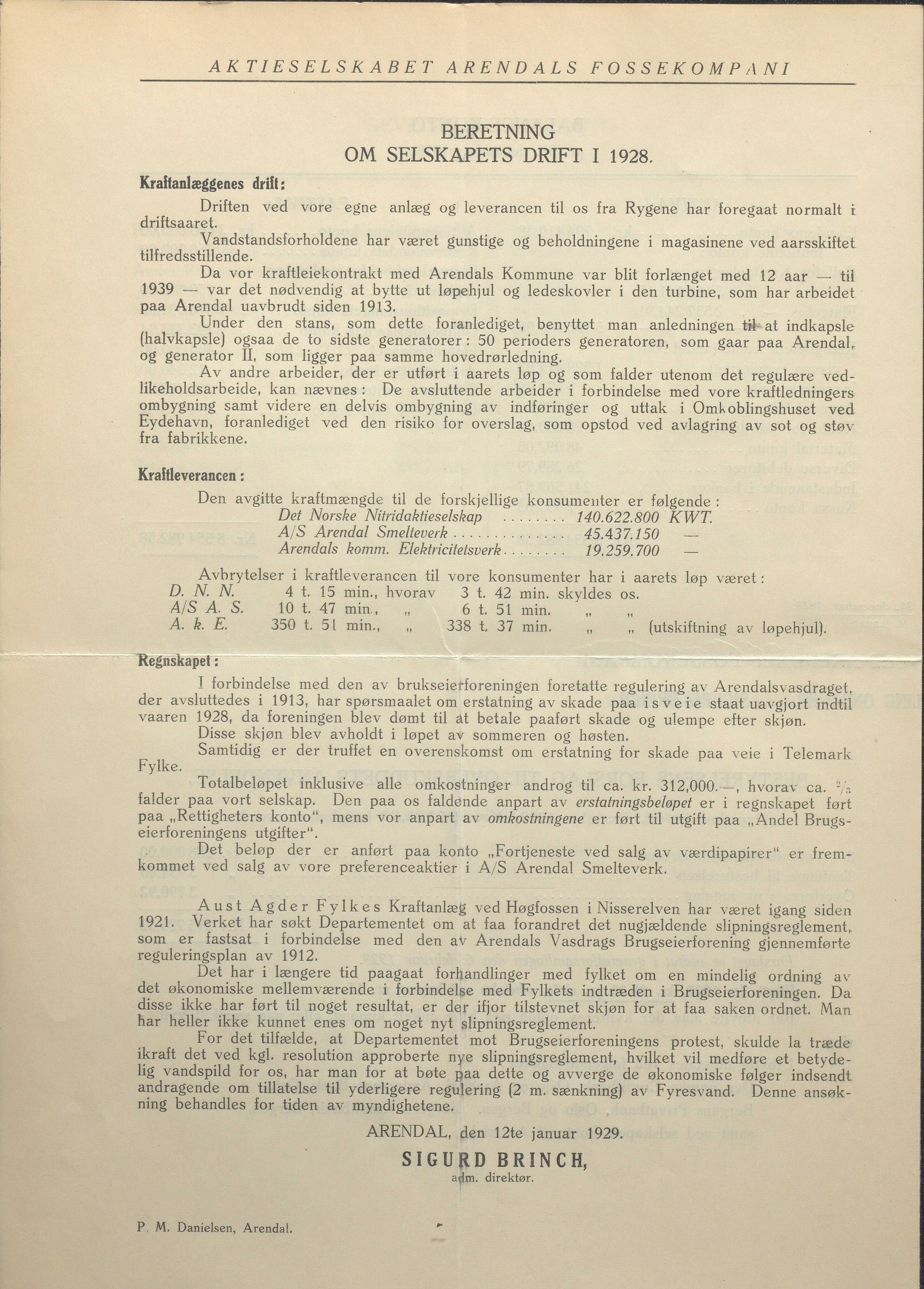 Arendals Fossekompani, AAKS/PA-2413/X/X01/L0001/0009: Beretninger, regnskap, balansekonto, gevinst- og tapskonto / Årsberetning og regnskap 1928 - 1935, 1928-1935, s. 3
