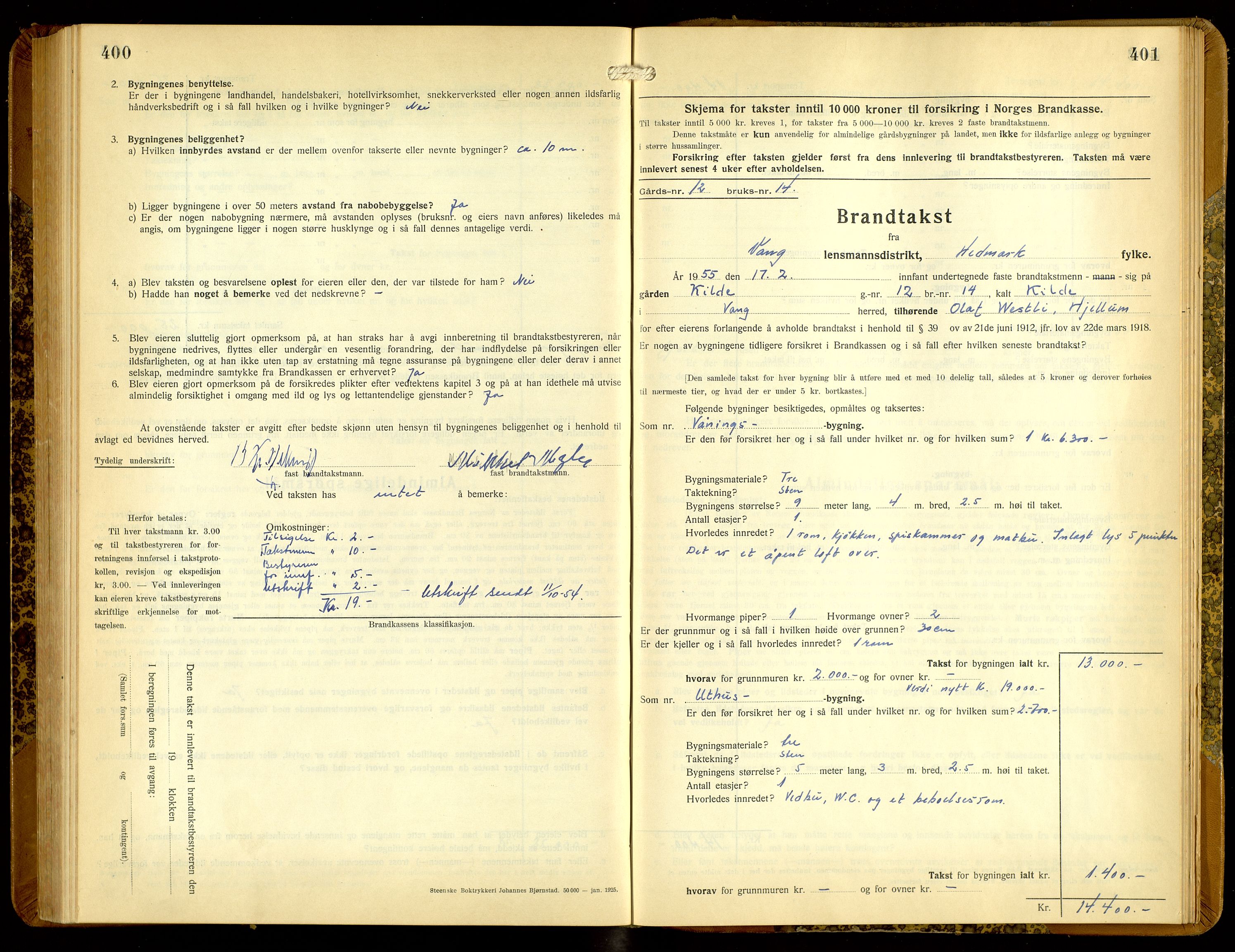 Norges Brannkasse, Vang, Hedmark, SAH/NBRANV-005/F/L0010: Branntakstprotokoll, 1934-1955, s. 400-401