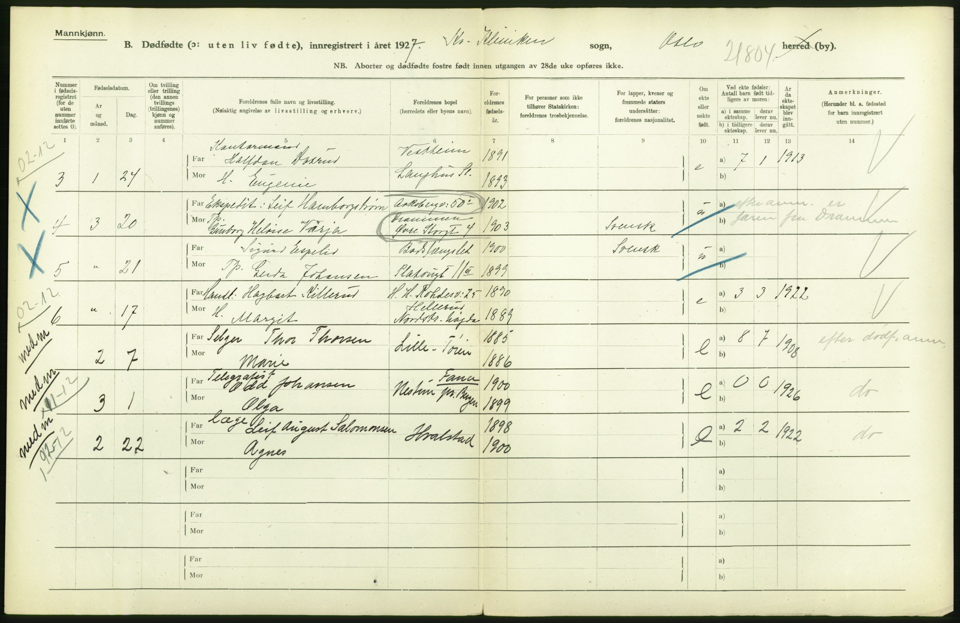 Statistisk sentralbyrå, Sosiodemografiske emner, Befolkning, AV/RA-S-2228/D/Df/Dfc/Dfcg/L0010: Oslo: Døde kvinner, dødfødte, 1927, s. 54